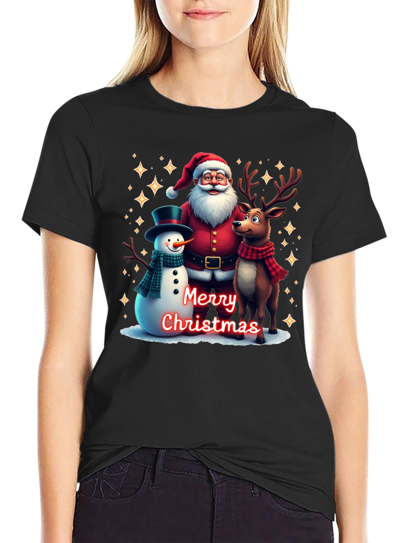 Festive Santa Reindeer and Snowman Christmas T-Shirt