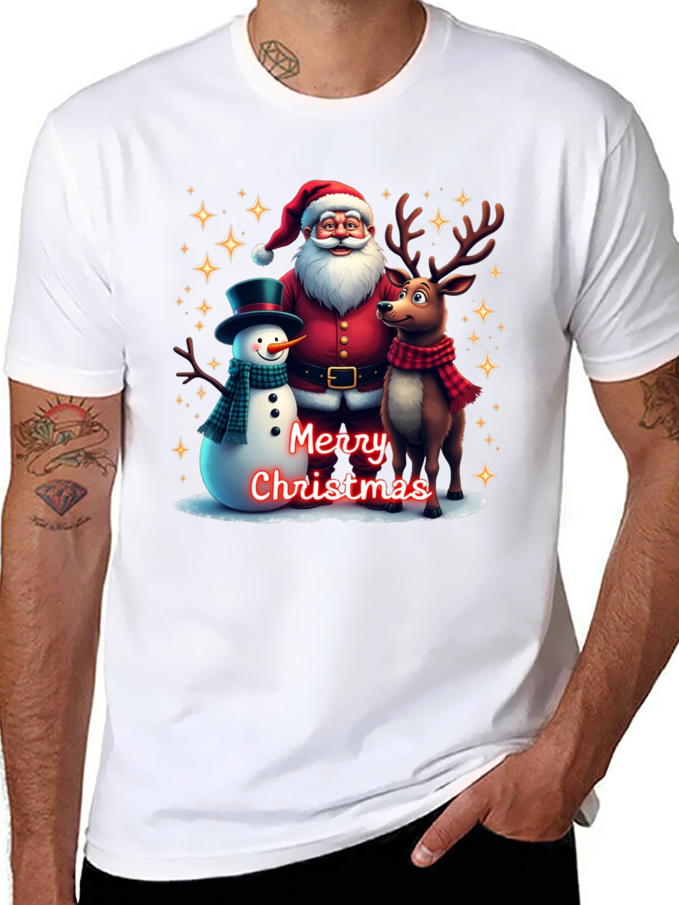 Festive Santa Reindeer and Snowman Christmas T-Shirt