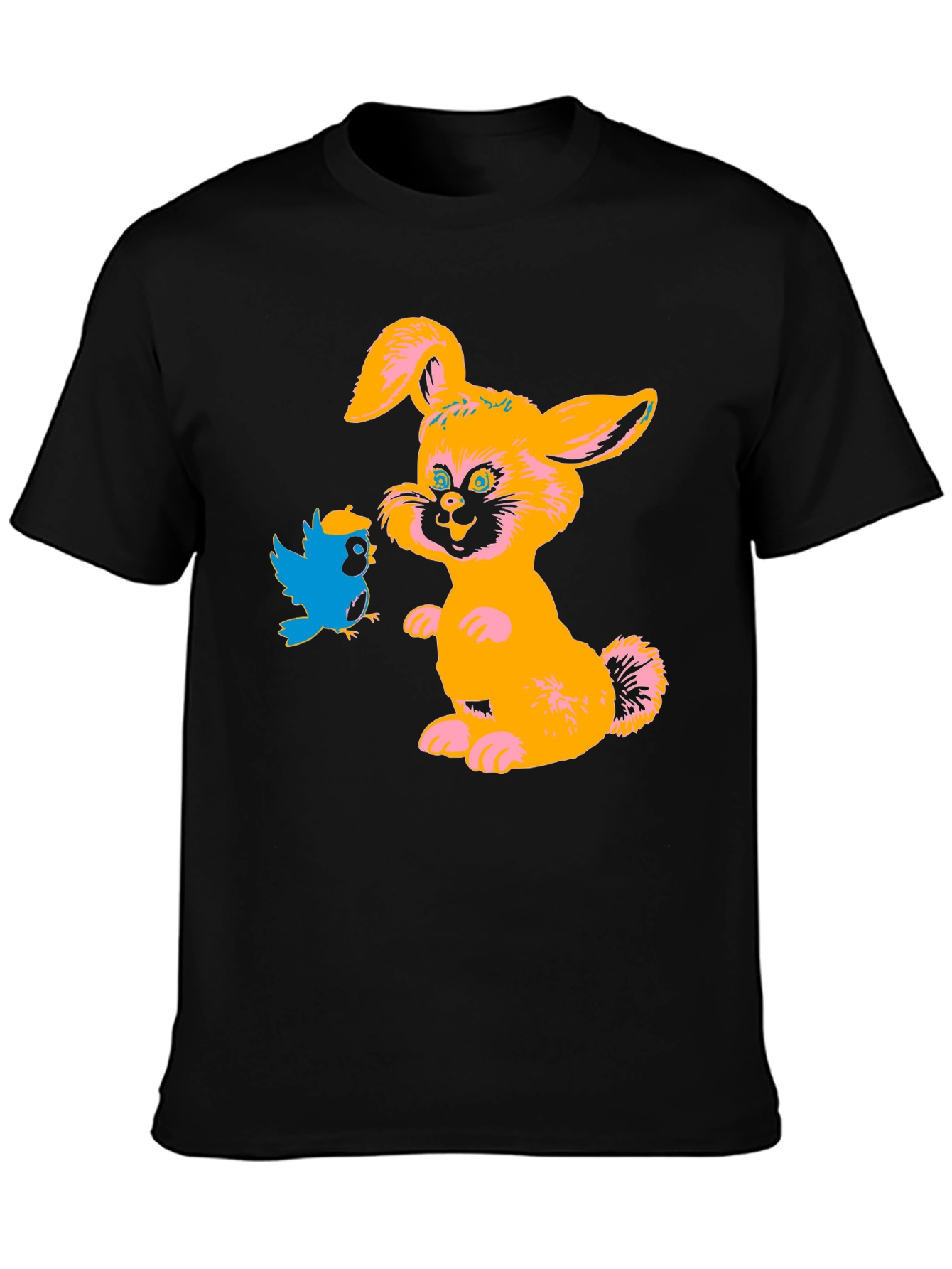 Cartoon Rabbit & Bird Black T-Shirt