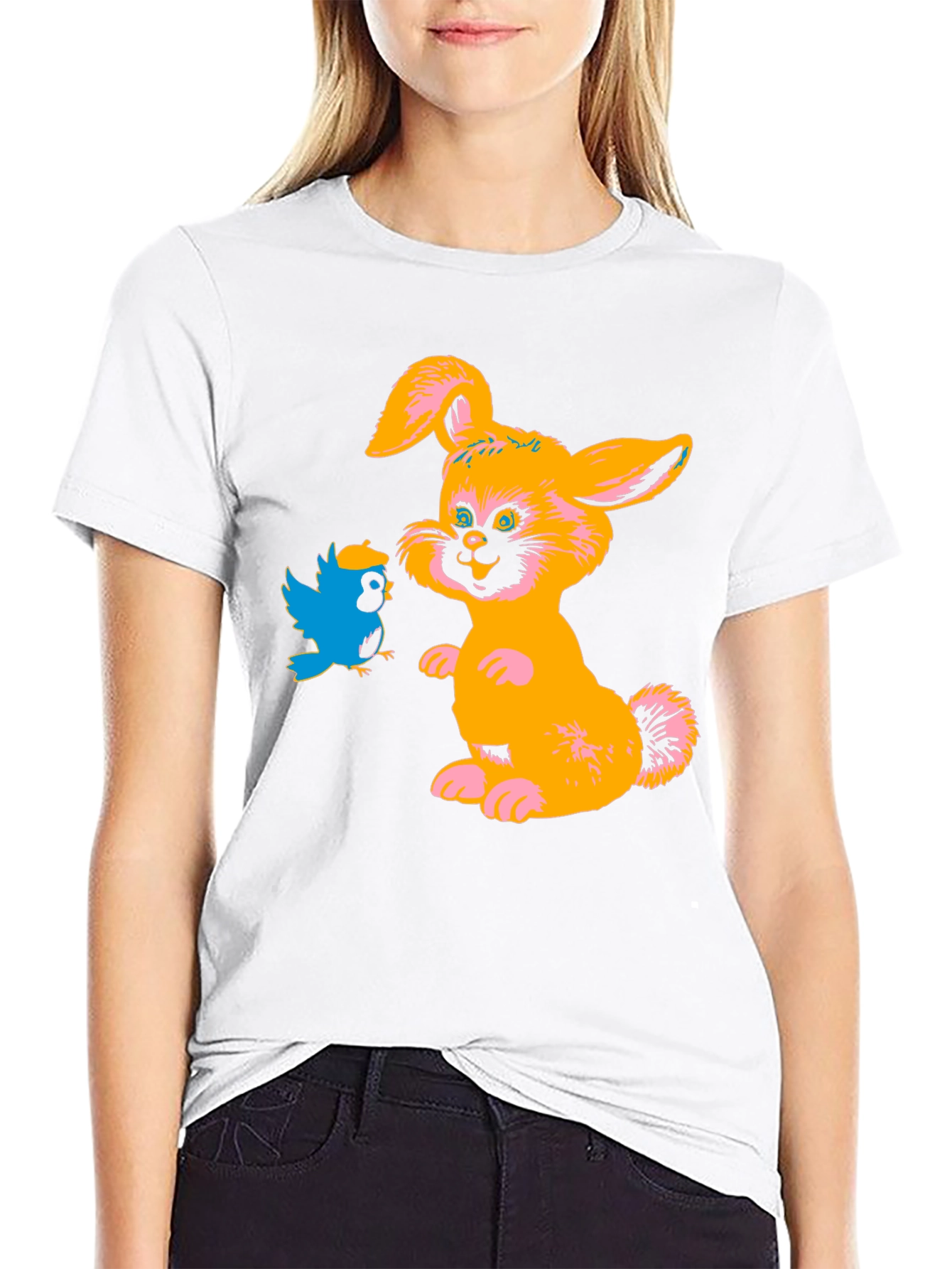Cartoon Rabbit & Bird Black T-Shirt