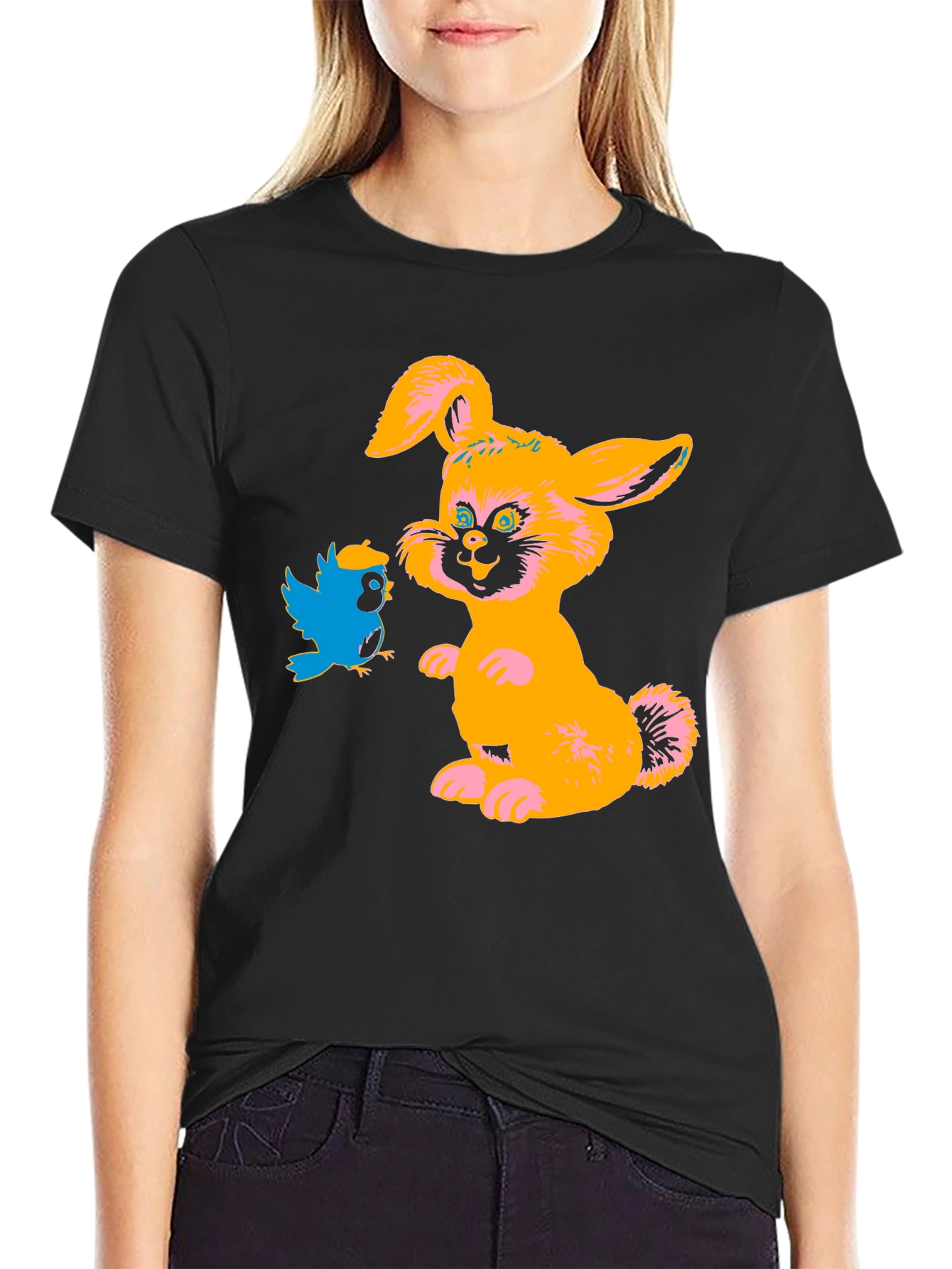 Cartoon Rabbit & Bird Black T-Shirt