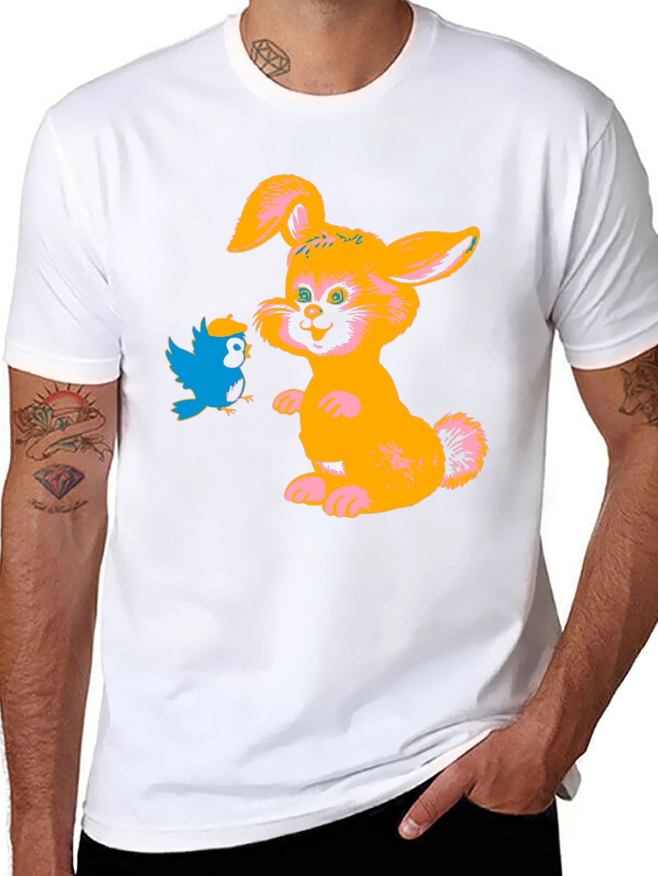 Cartoon Rabbit & Bird Black T-Shirt