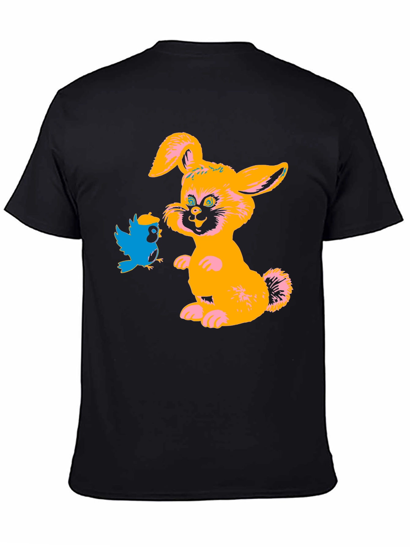 Cartoon Rabbit & Bird Black T-Shirt