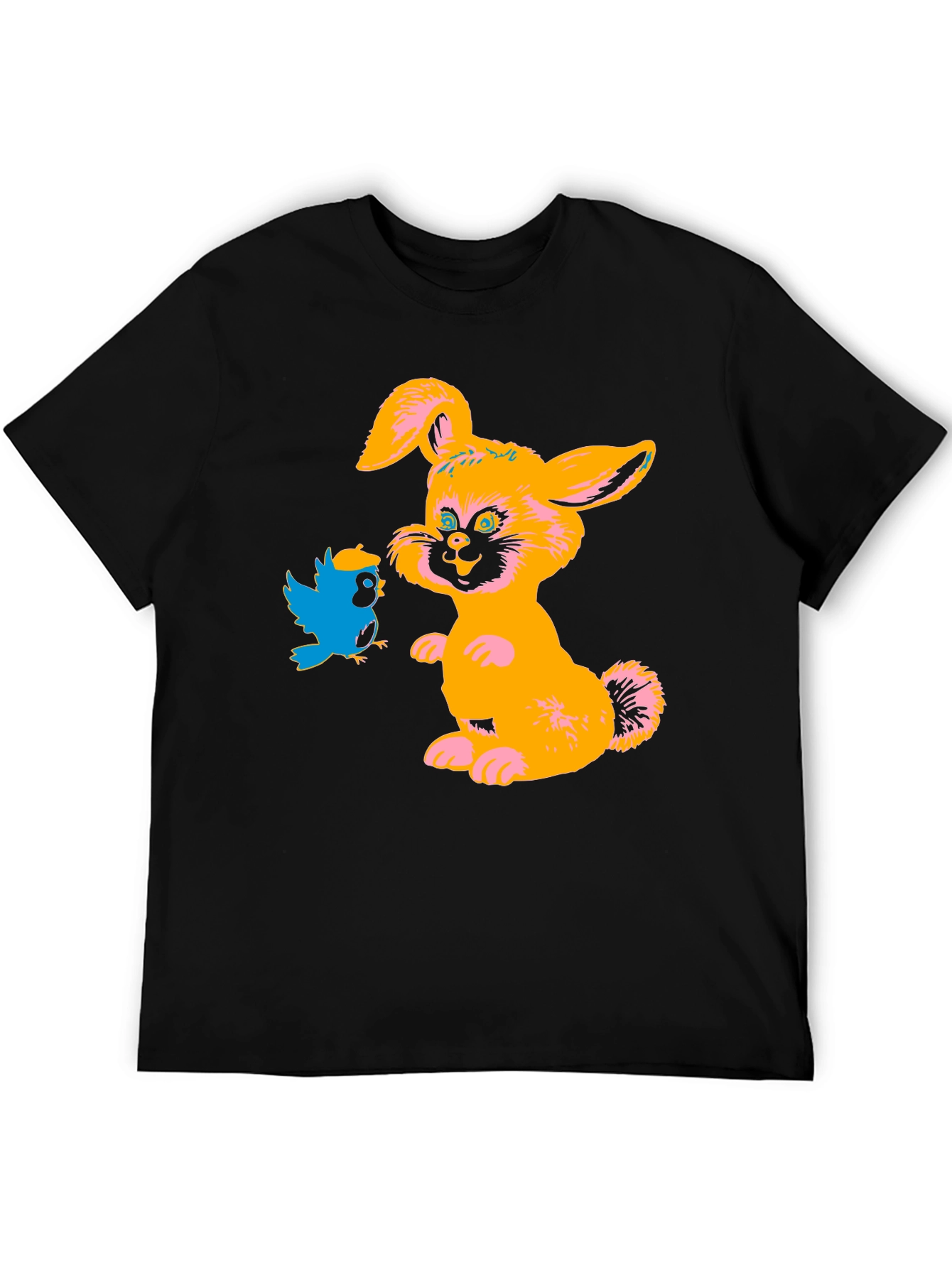 Cartoon Rabbit & Bird Black T-Shirt
