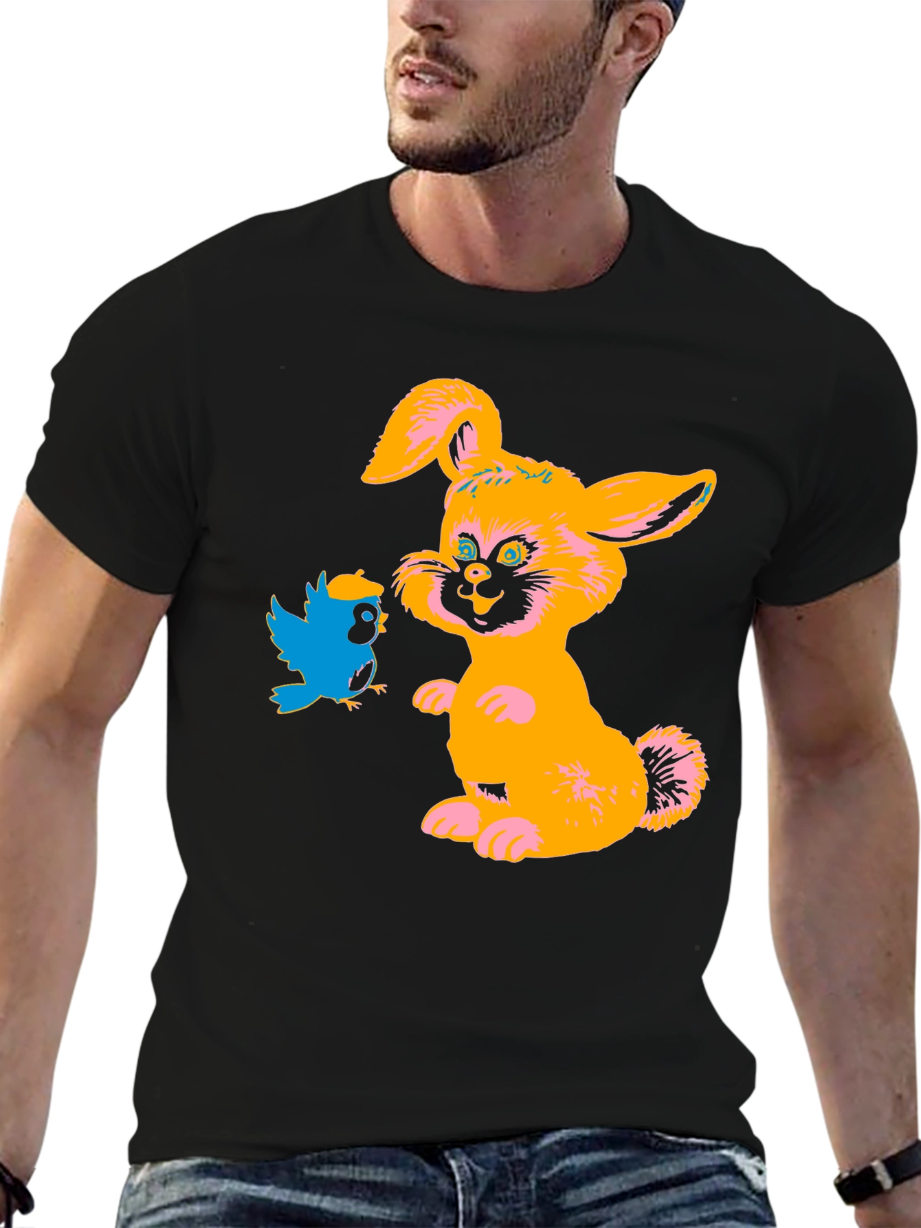 Cartoon Rabbit & Bird Black T-Shirt