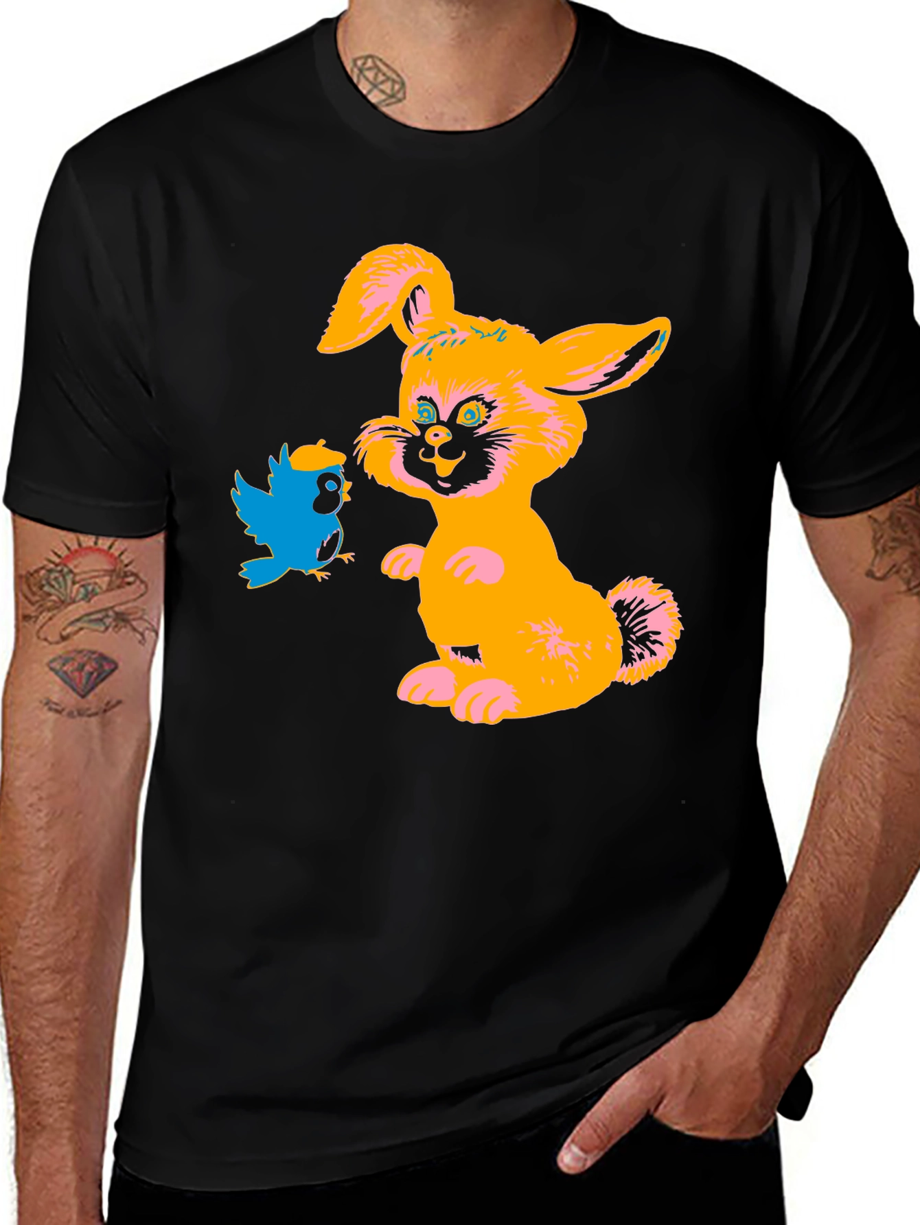 Cartoon Rabbit & Bird Black T-Shirt