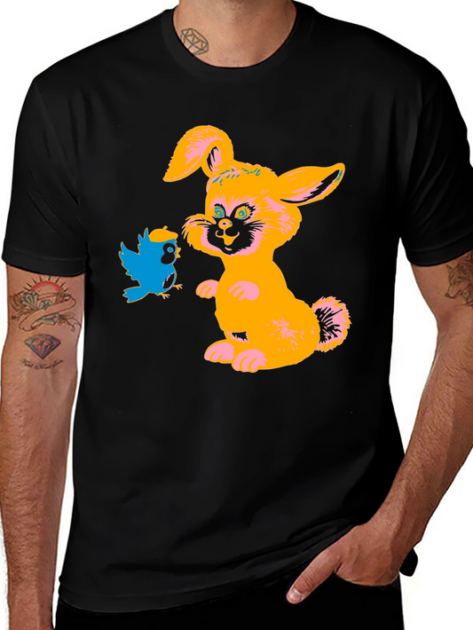 Cartoon Rabbit & Bird Black T-Shirt