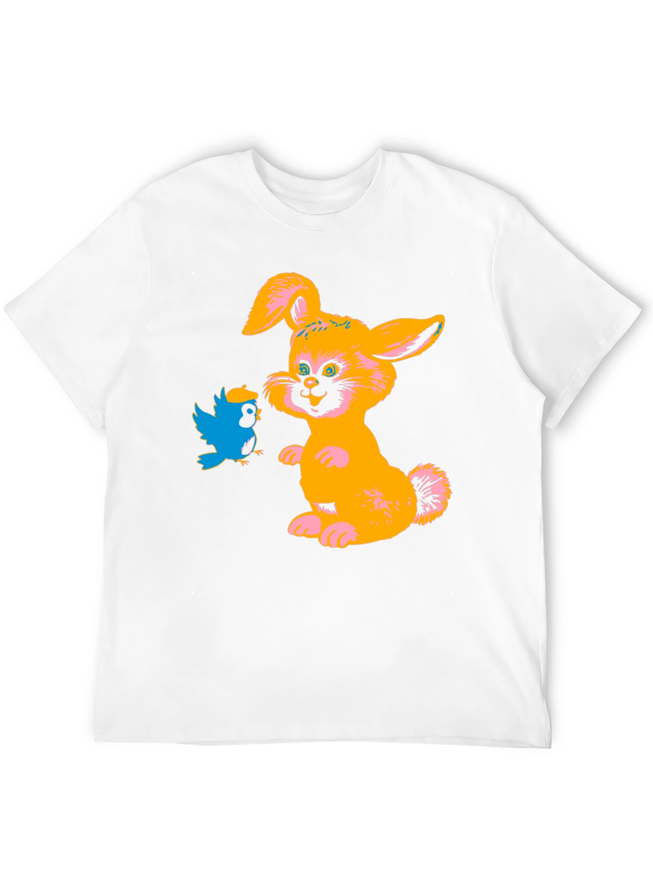 Cartoon Rabbit & Bird Black T-Shirt