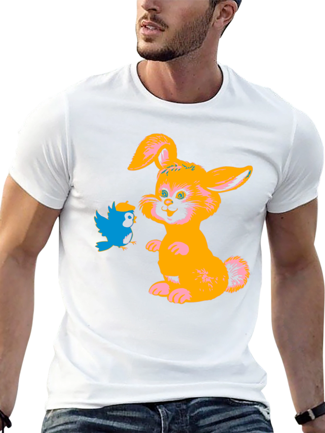 Cartoon Rabbit & Bird Black T-Shirt