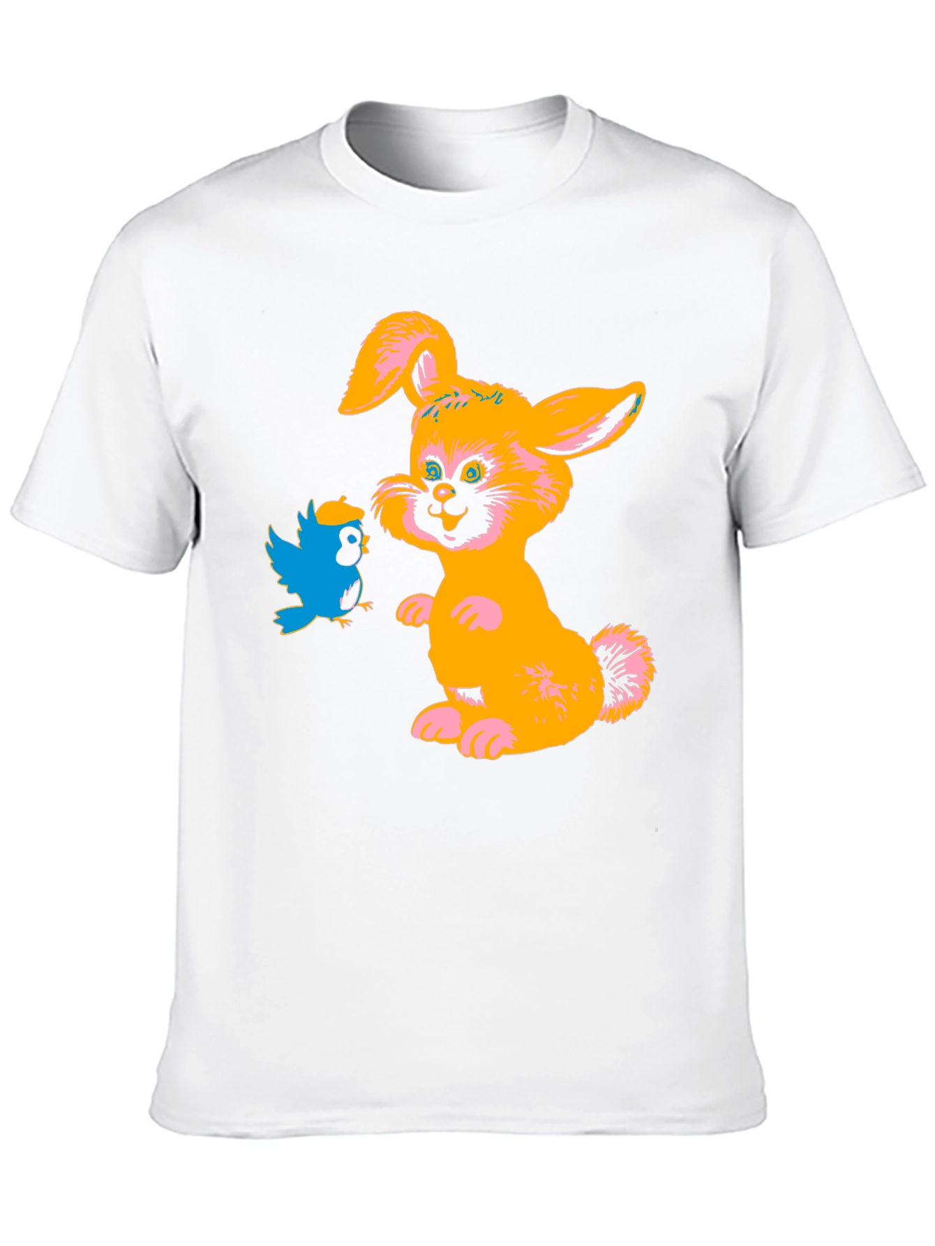 Cartoon Rabbit & Bird Black T-Shirt