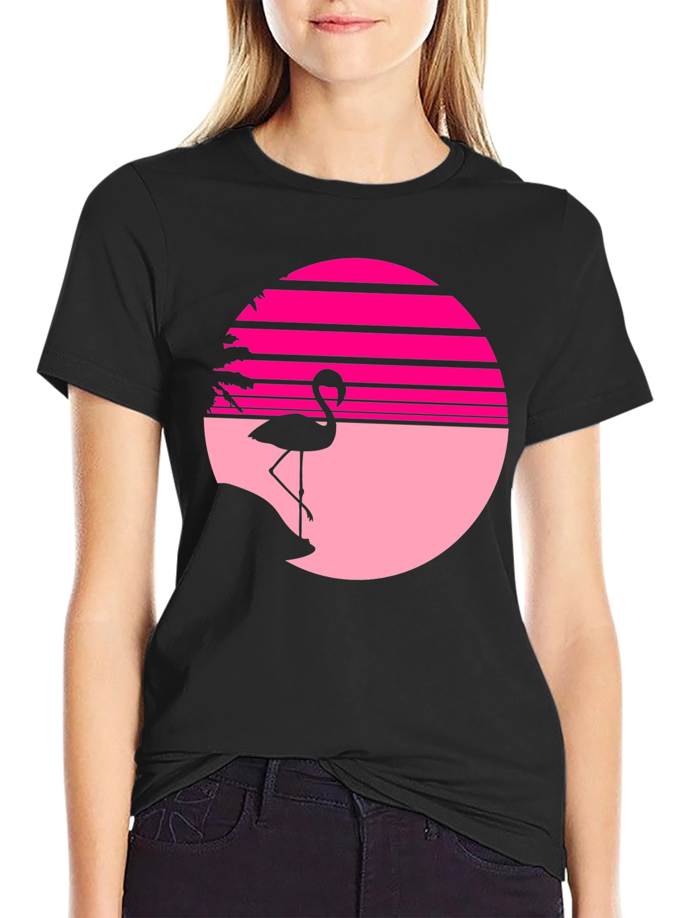 Retro Flamingo Sunset T-Shirt - Black