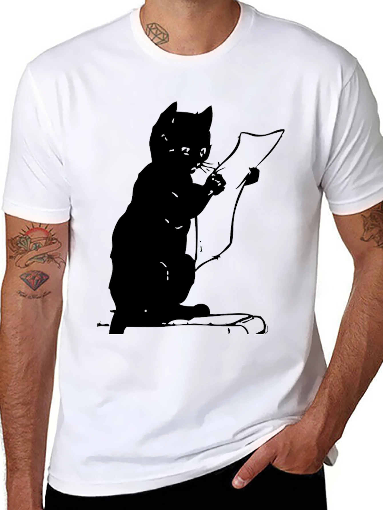 Cat Reading a Scroll Graphic Tee - Black