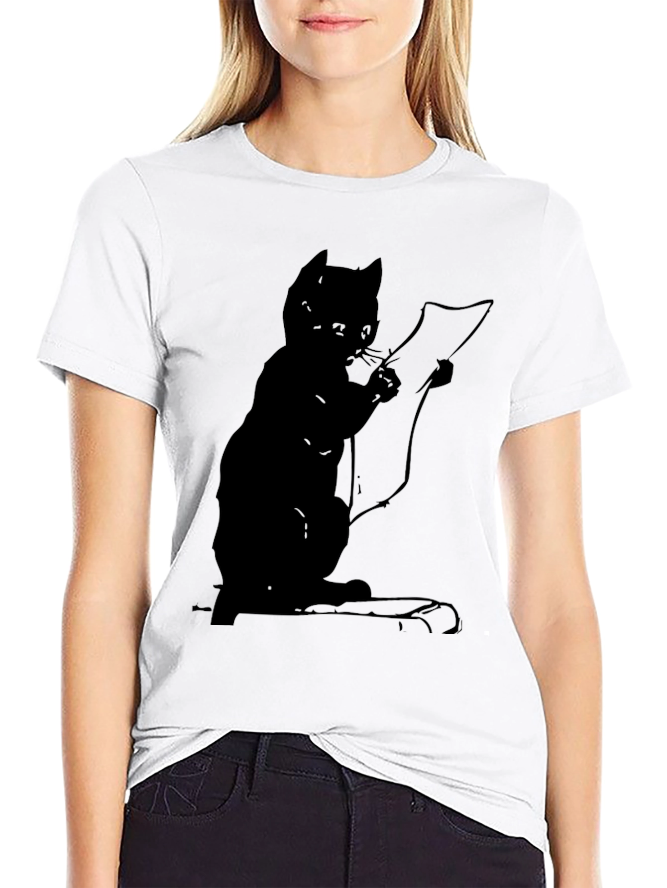 Cat Reading a Scroll Graphic Tee - Black