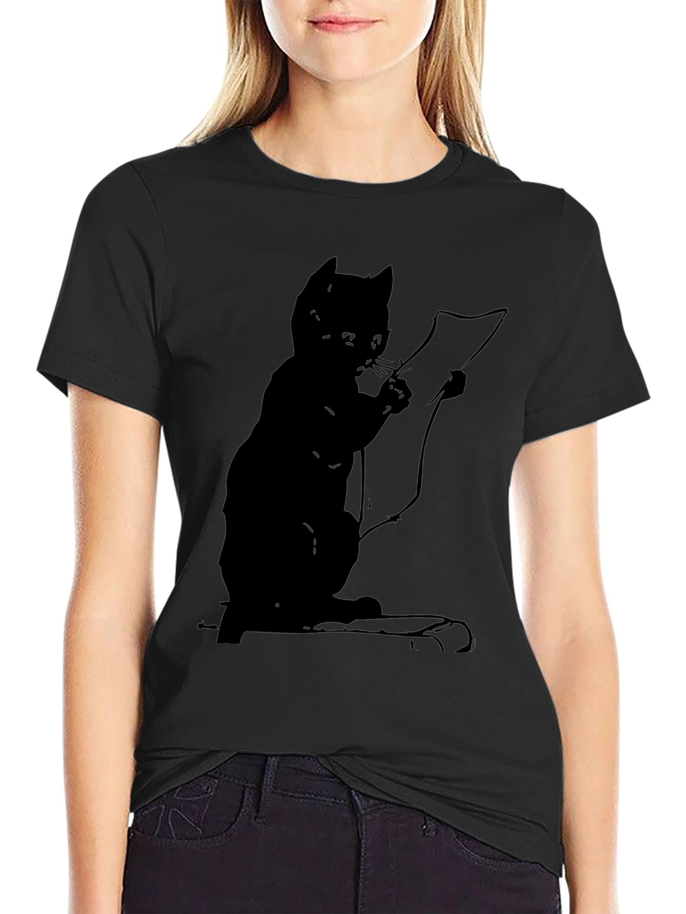 Cat Reading a Scroll Graphic Tee - Black