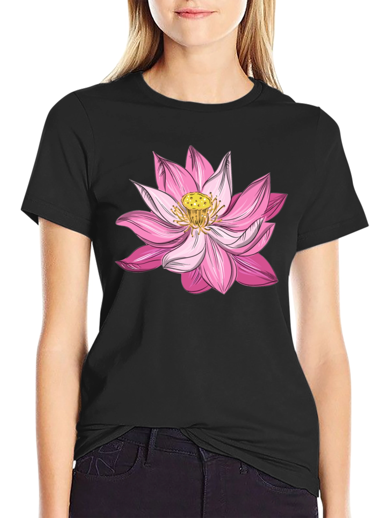 Lotus Flower Graphic Tee - Soft Black Cotton