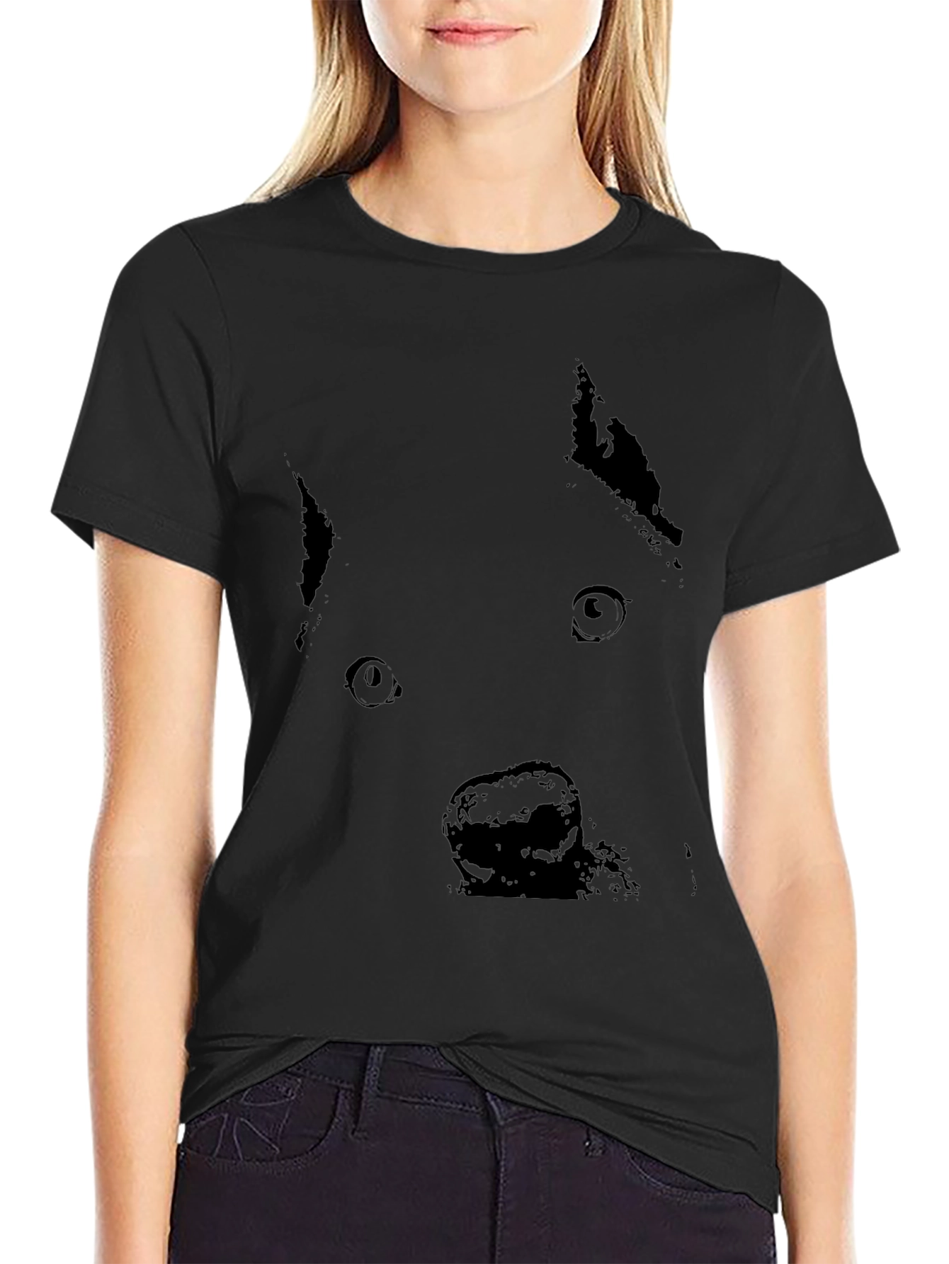 Black Dog Face Graphic T-Shirt - Casual Style