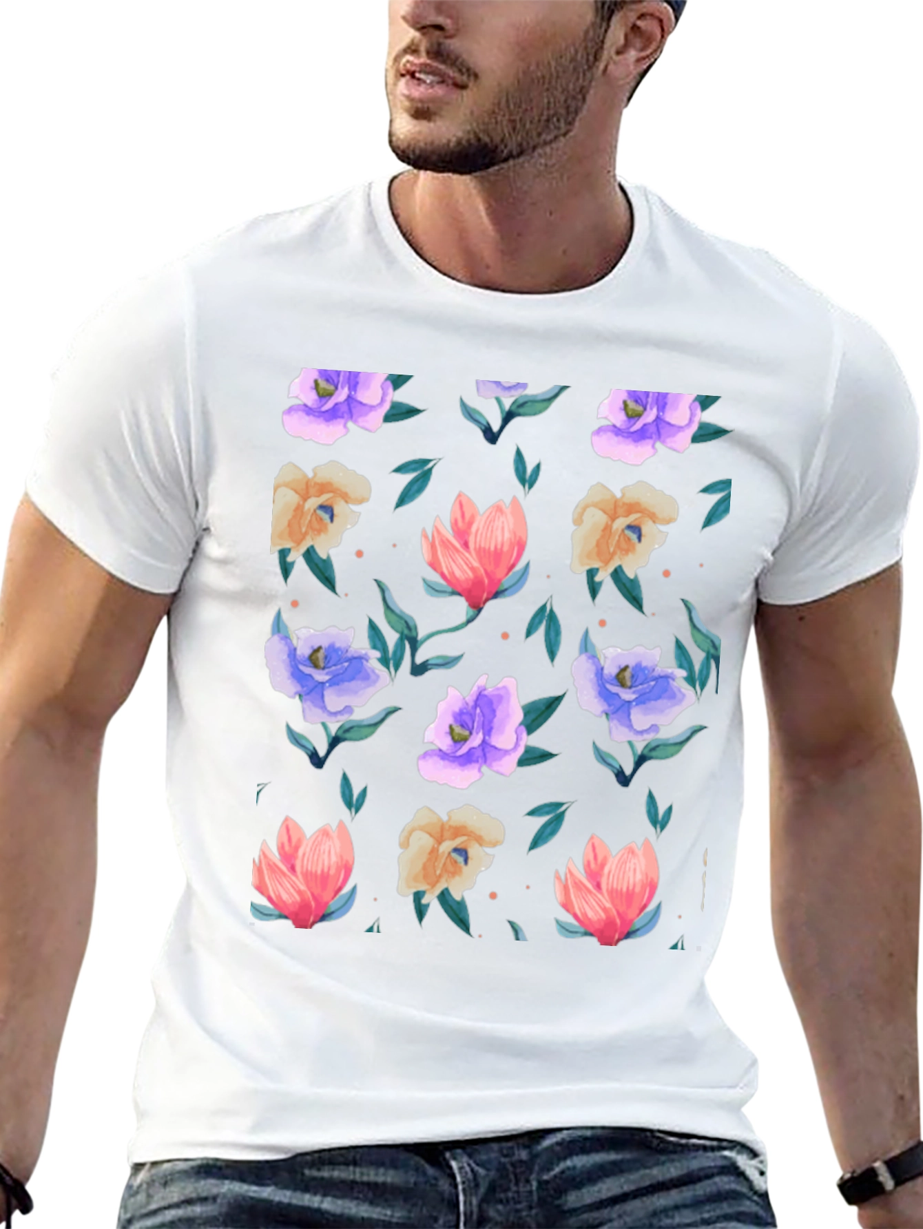 Floral Print T-Shirt - Black - Vibrant Blooms