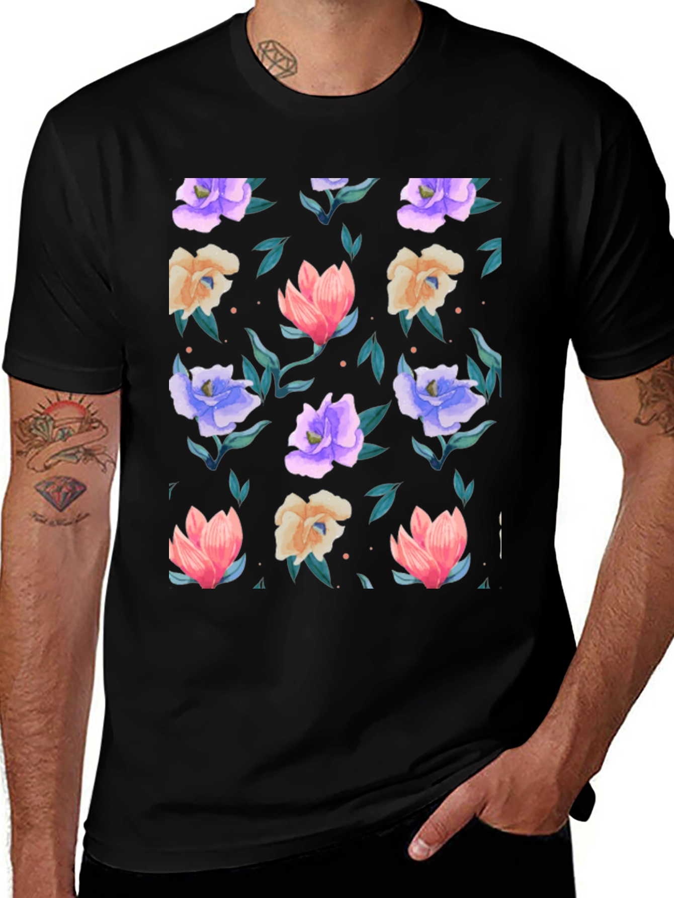 Floral Print T-Shirt - Black - Vibrant Blooms