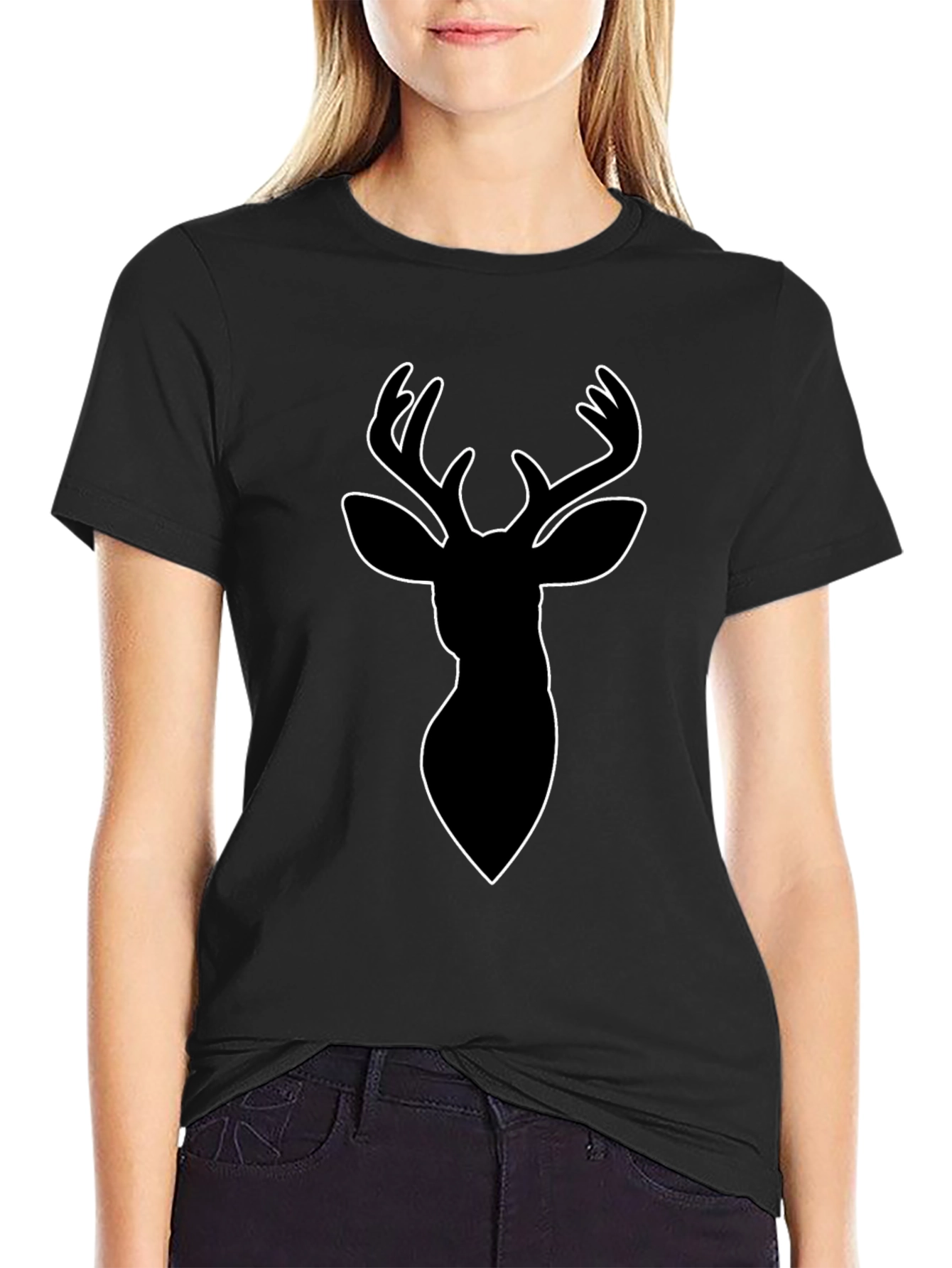 Black Deer Outline Graphic Tee - Modern Style