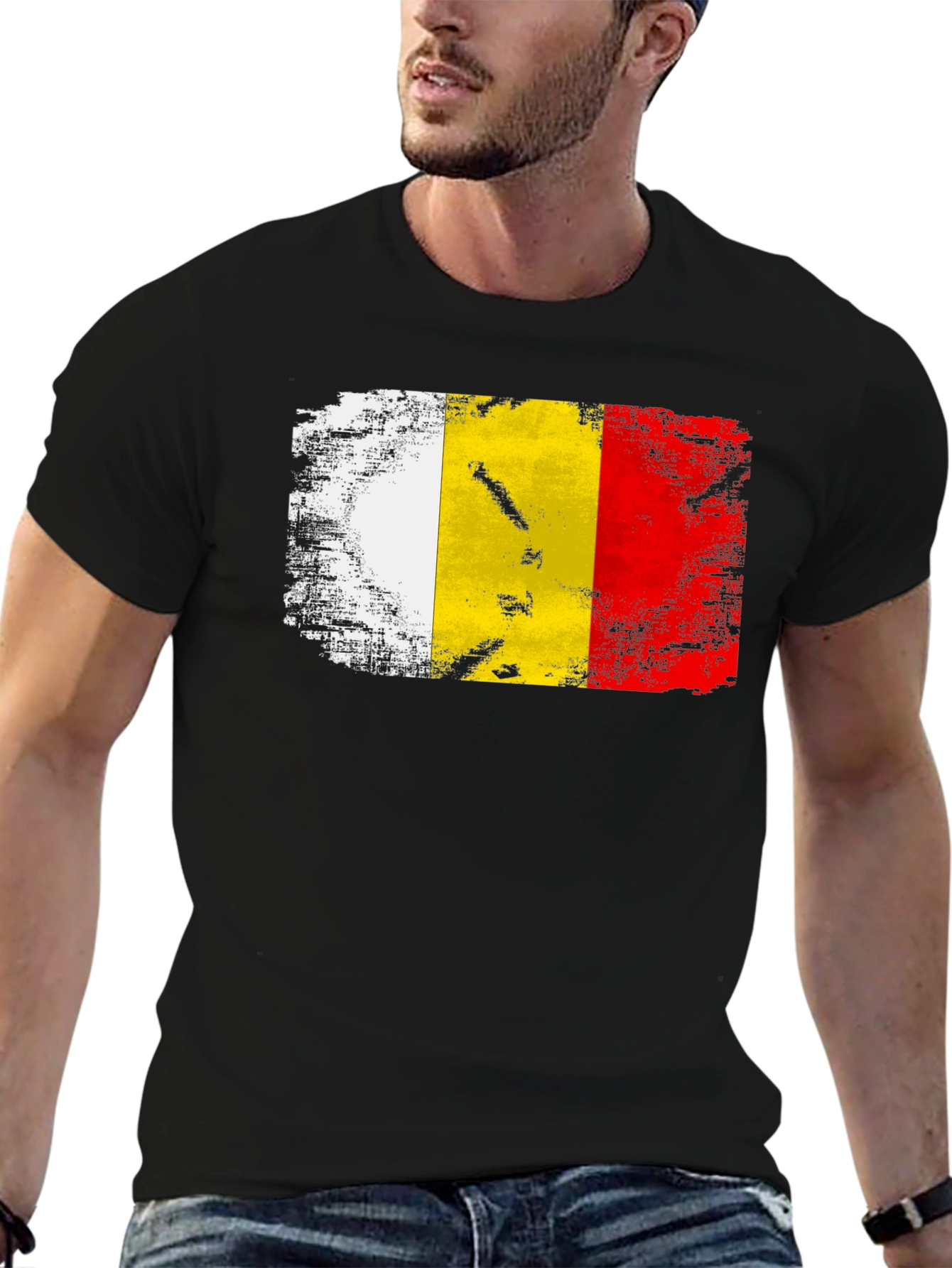 Belgium Flag Distressed T-Shirt - Black