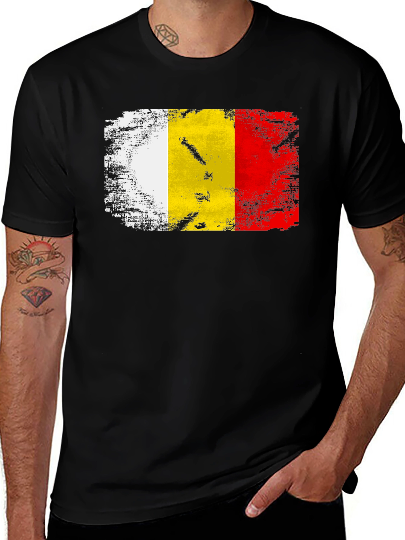 Belgium Flag Distressed T-Shirt - Black