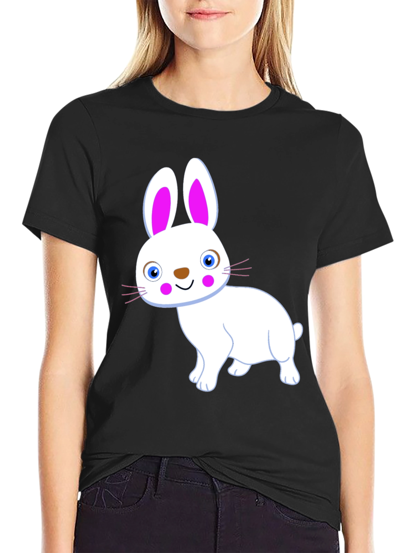 Cute Bunny Graphic Tee - Black Cotton T-Shirt