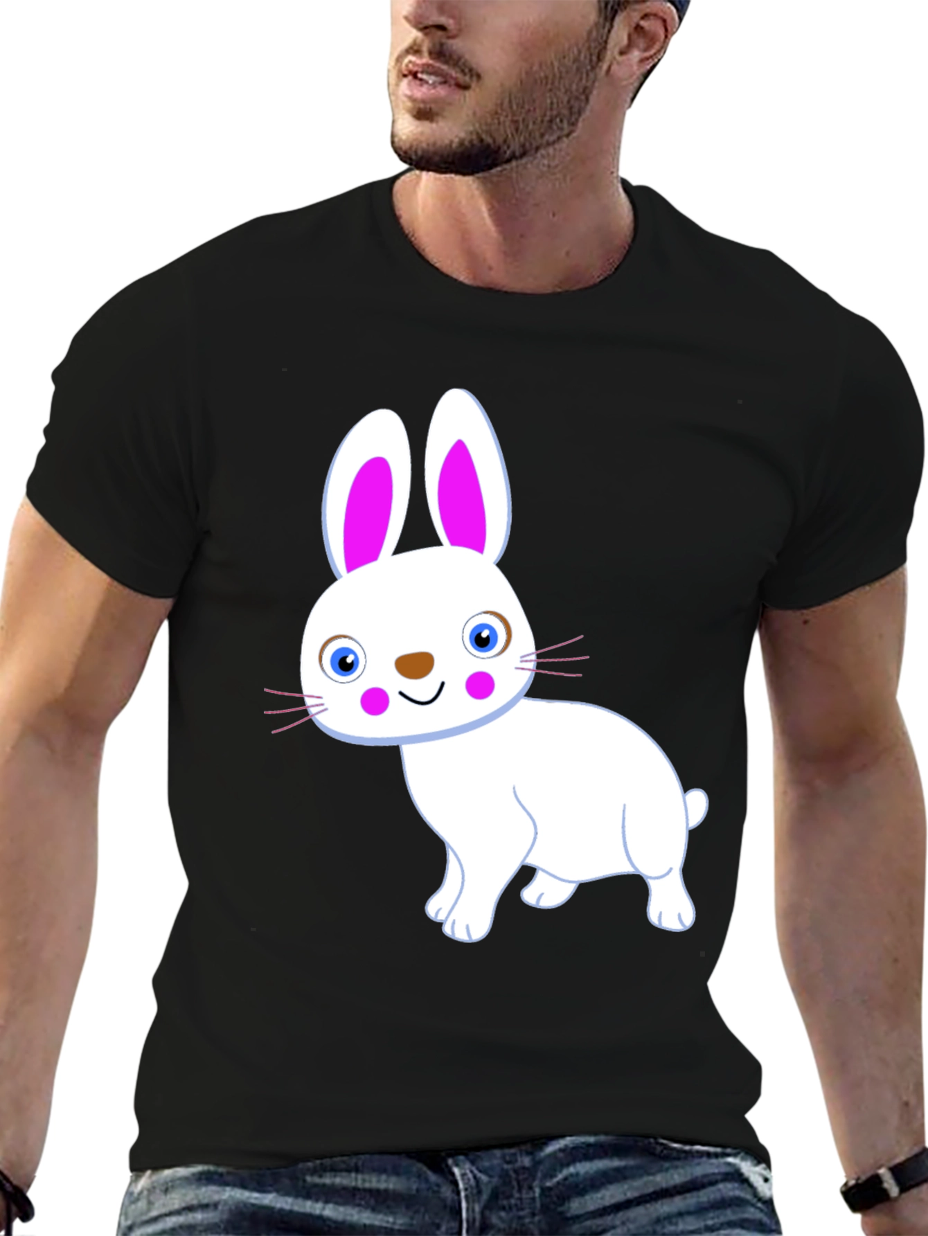 Cute Bunny Graphic Tee - Black Cotton T-Shirt