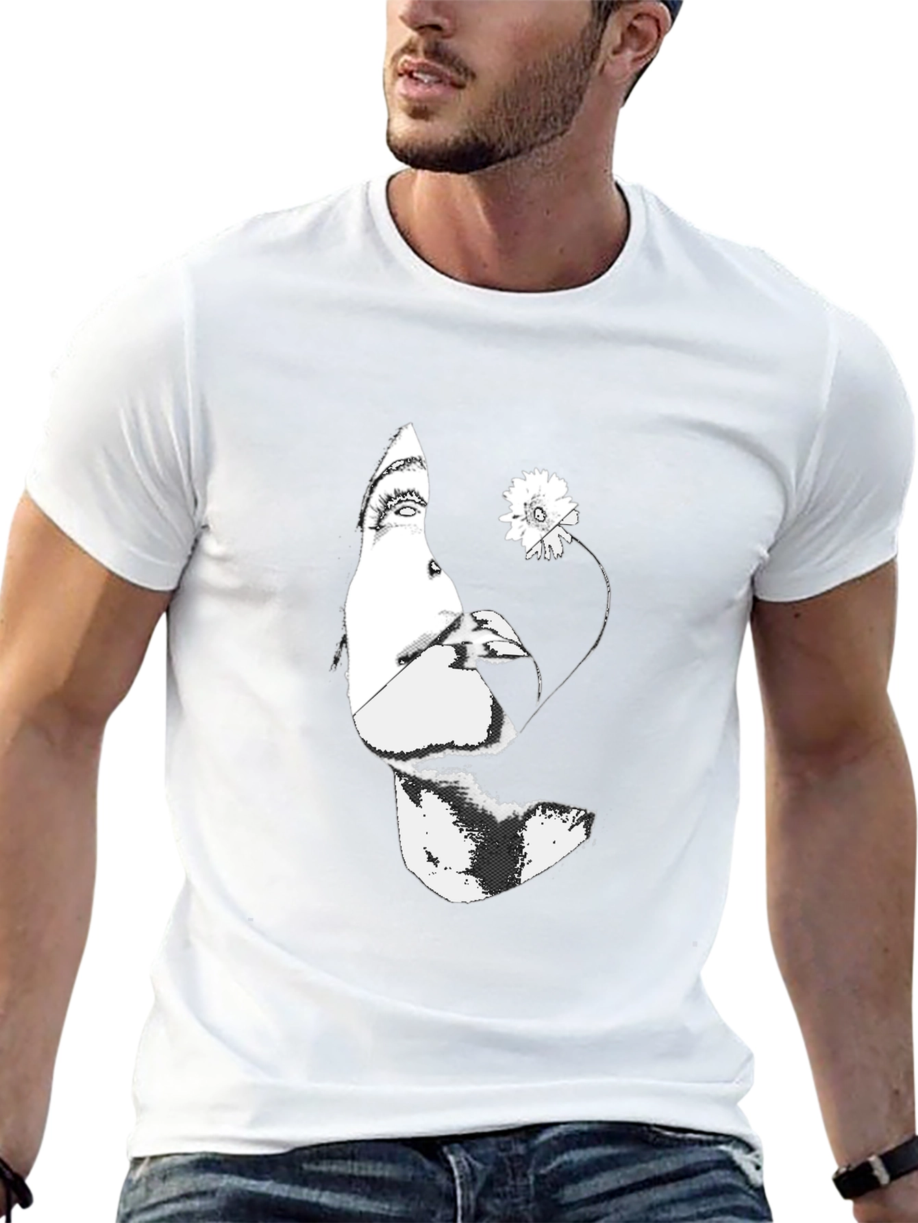 Black Graphic Tee - Abstract Face & Flower Print