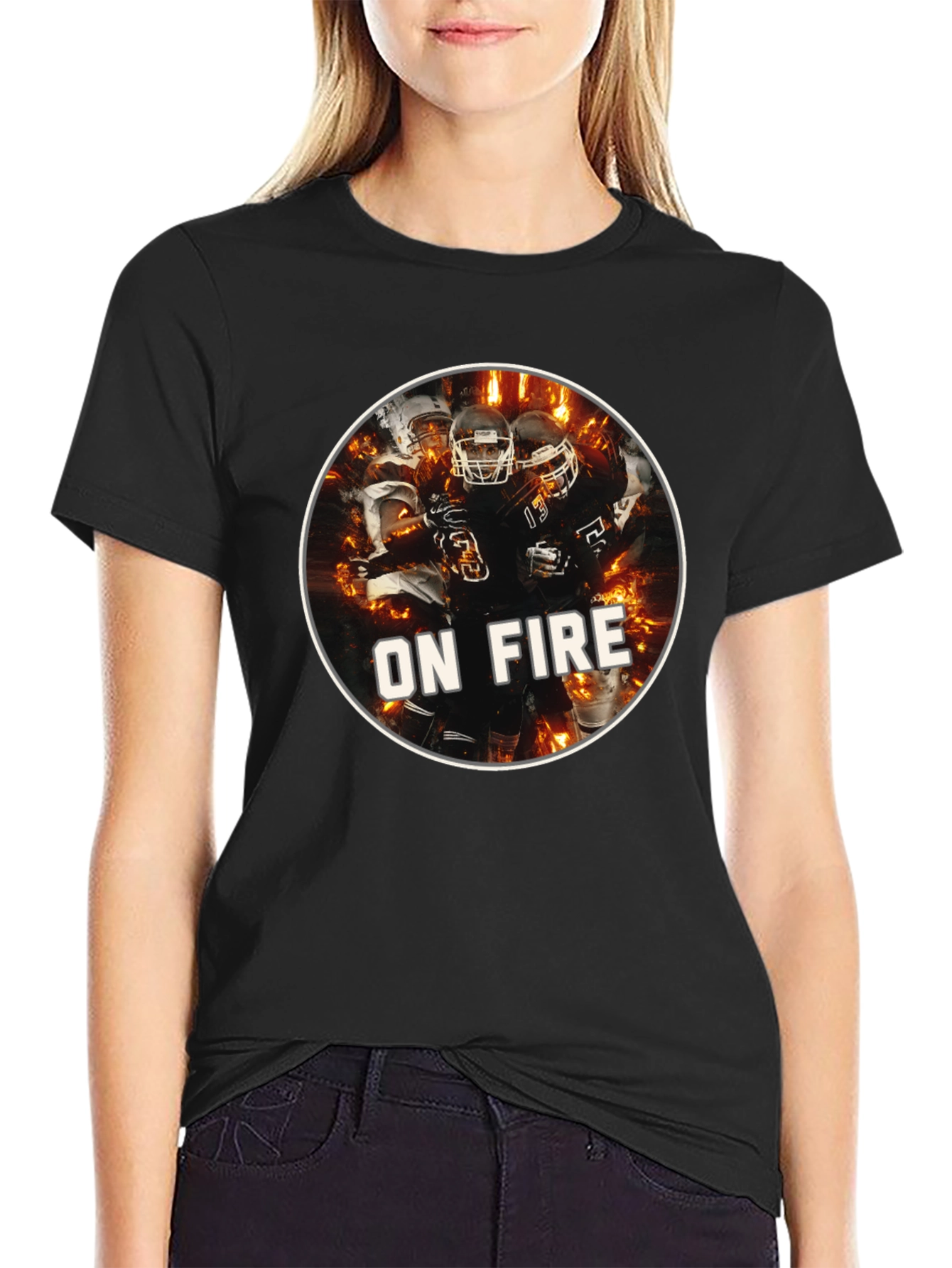 Mens Black On Fire Football Graphic T-Shirt