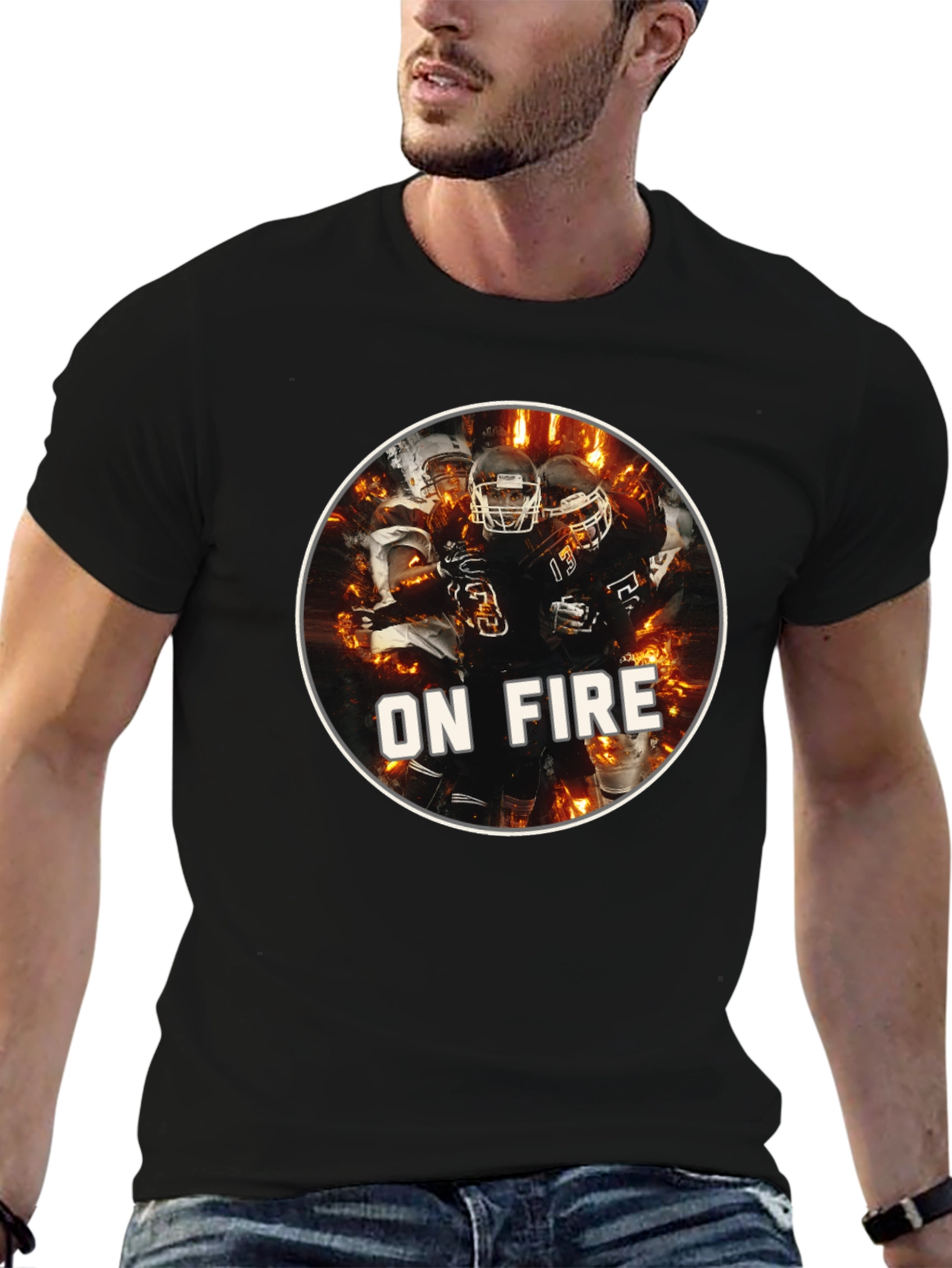 Mens Black On Fire Football Graphic T-Shirt