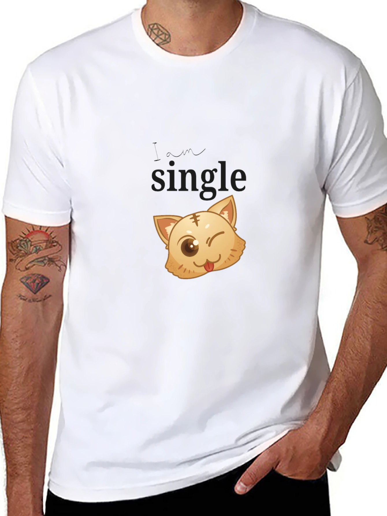 Single Cat Wink Graphic Black T-Shirt