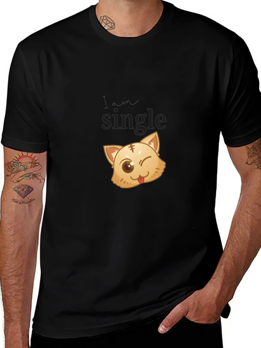 Single Cat Wink Graphic Black T-Shirt