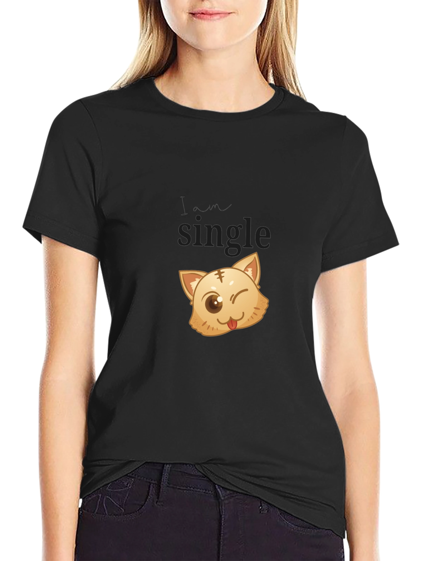 Single Cat Wink Graphic Black T-Shirt