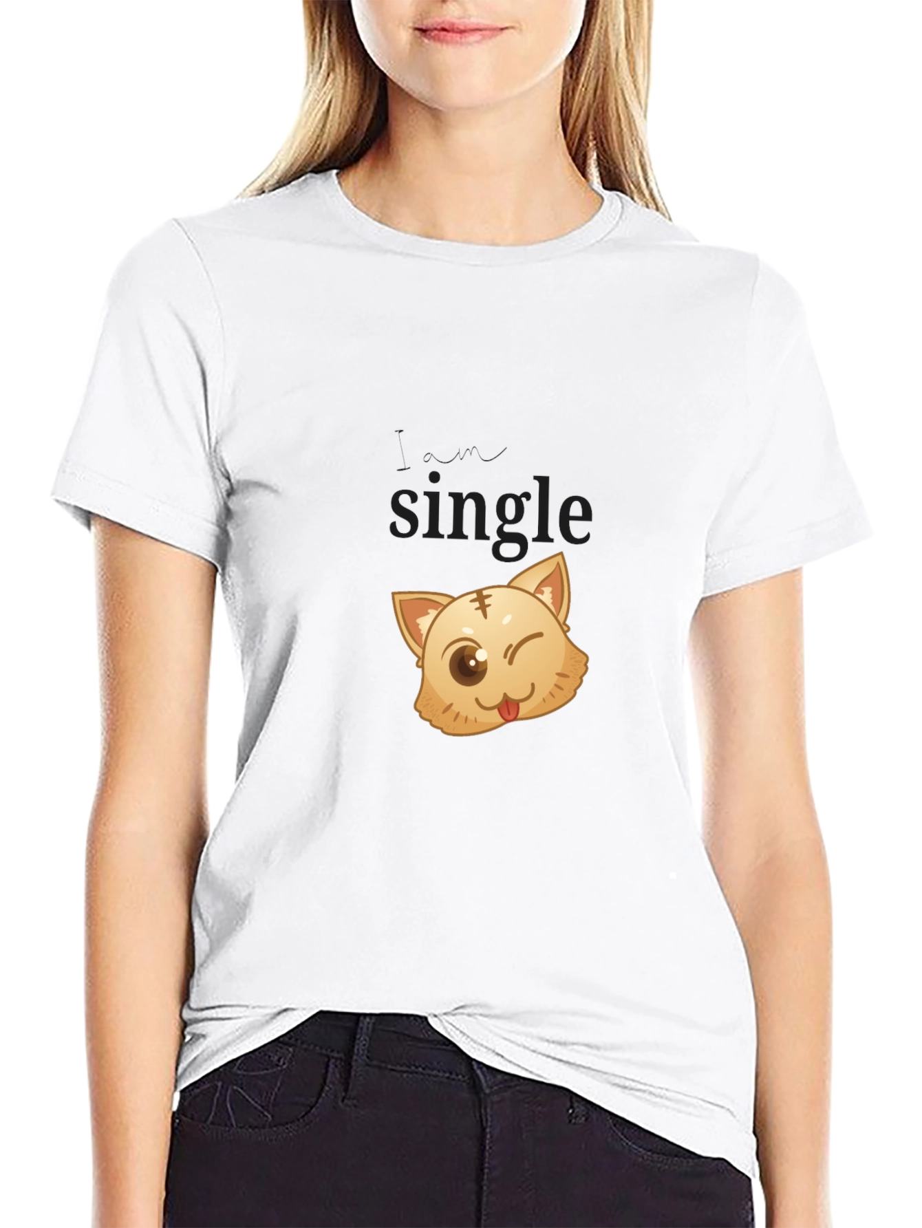Single Cat Wink Graphic Black T-Shirt
