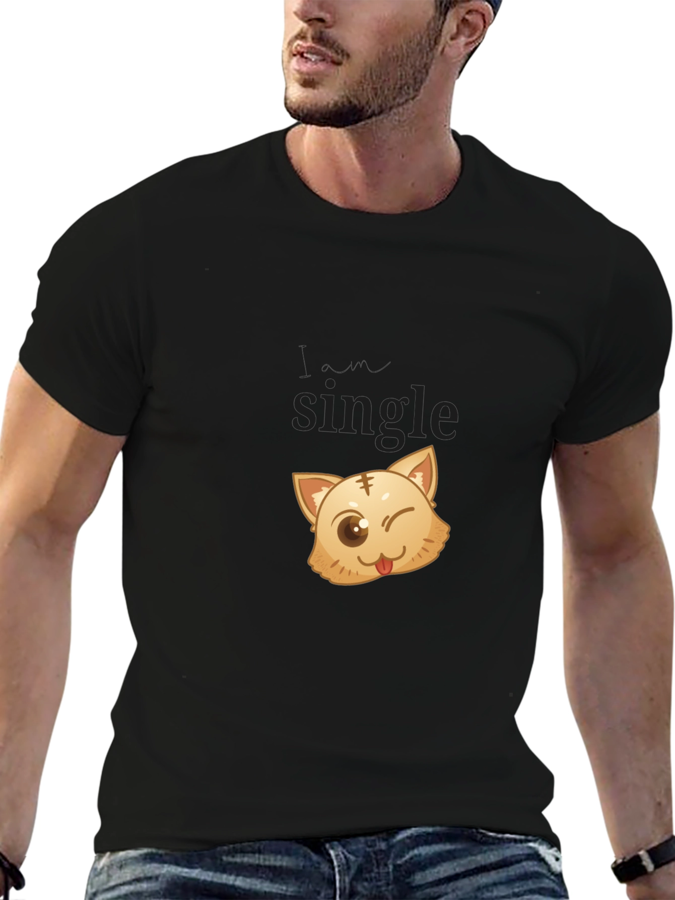 Single Cat Wink Graphic Black T-Shirt