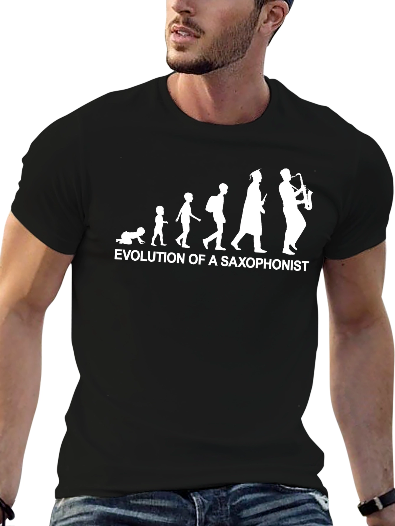 Evolution of Saxophonist Black Cotton T-Shirt