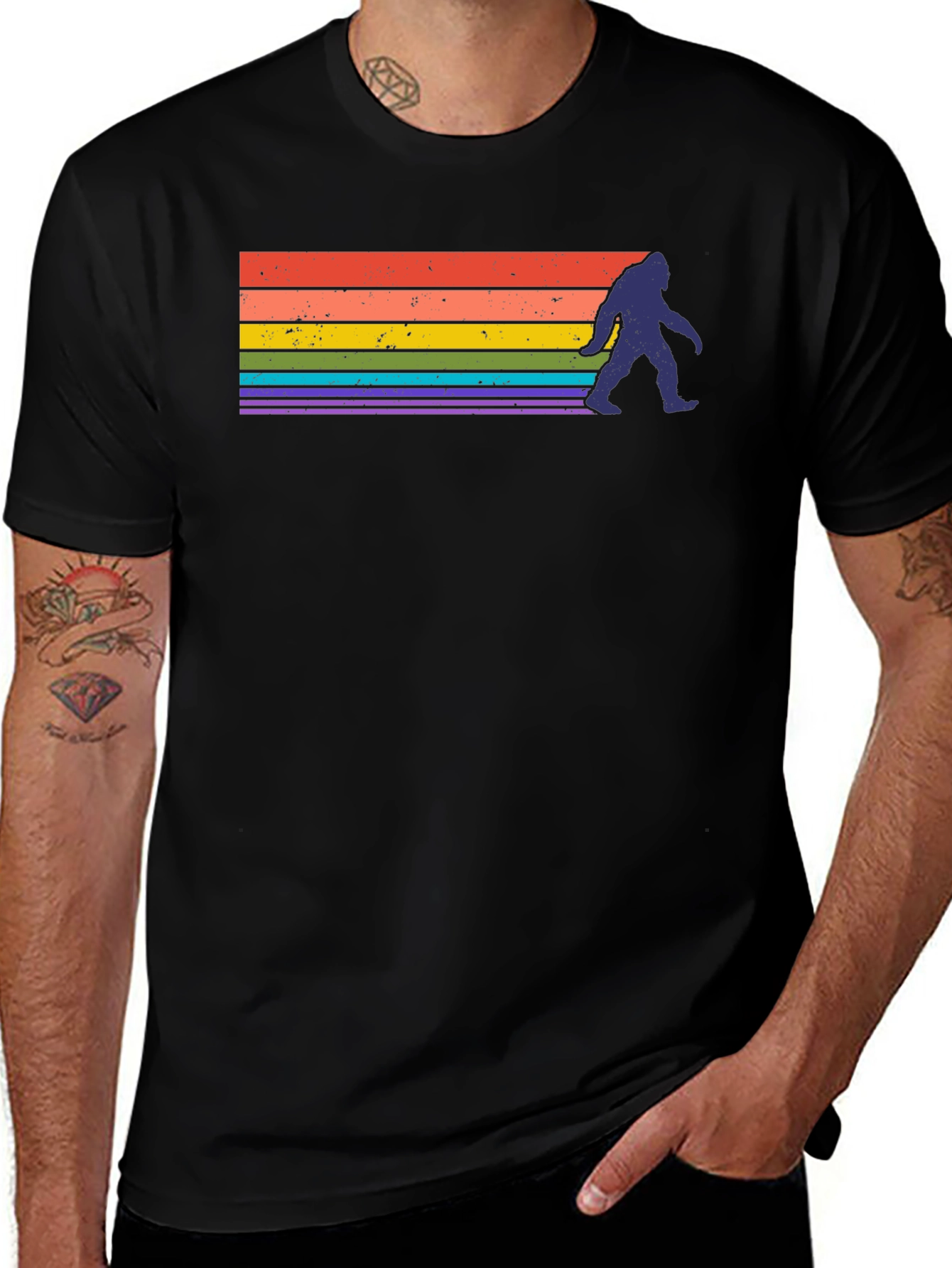 Retro Bigfoot Rainbow T-Shirt - Sasquatch Pride Tee