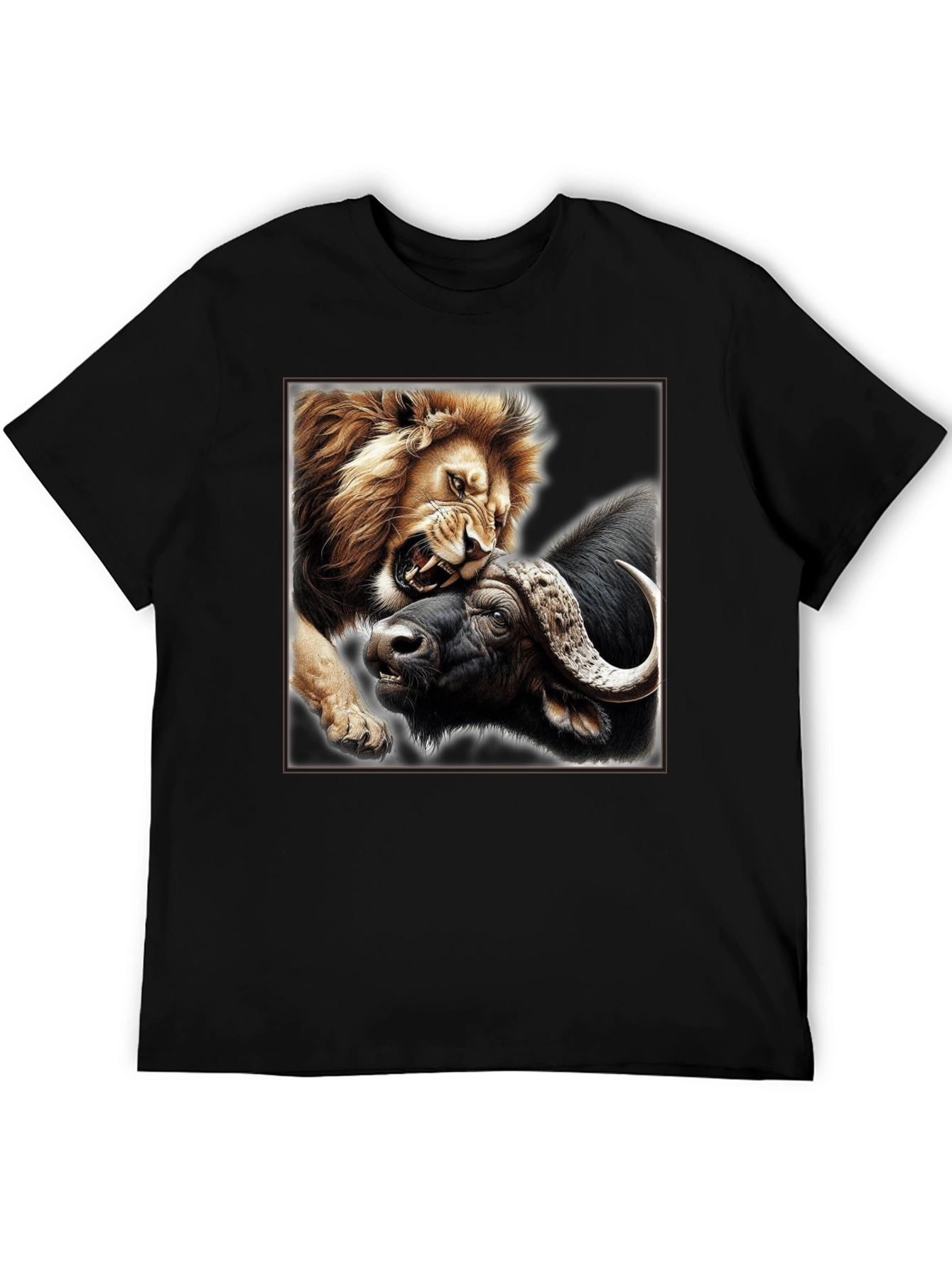 Lion vs Buffalo Graphic Print Black T-Shirt