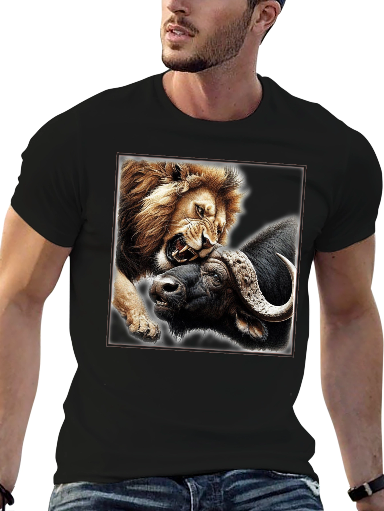 Lion vs Buffalo Graphic Print Black T-Shirt