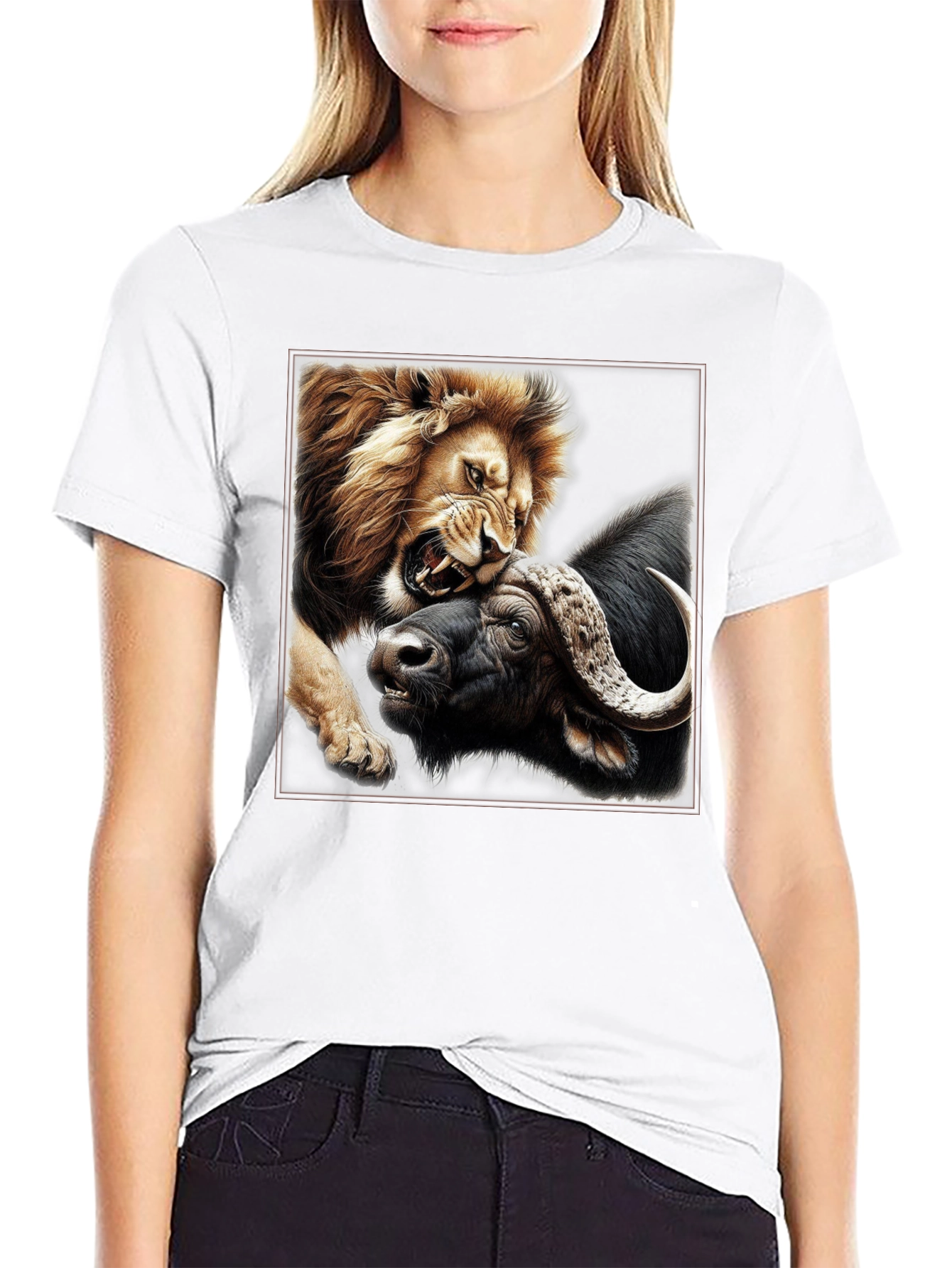 Lion vs Buffalo Graphic Print Black T-Shirt