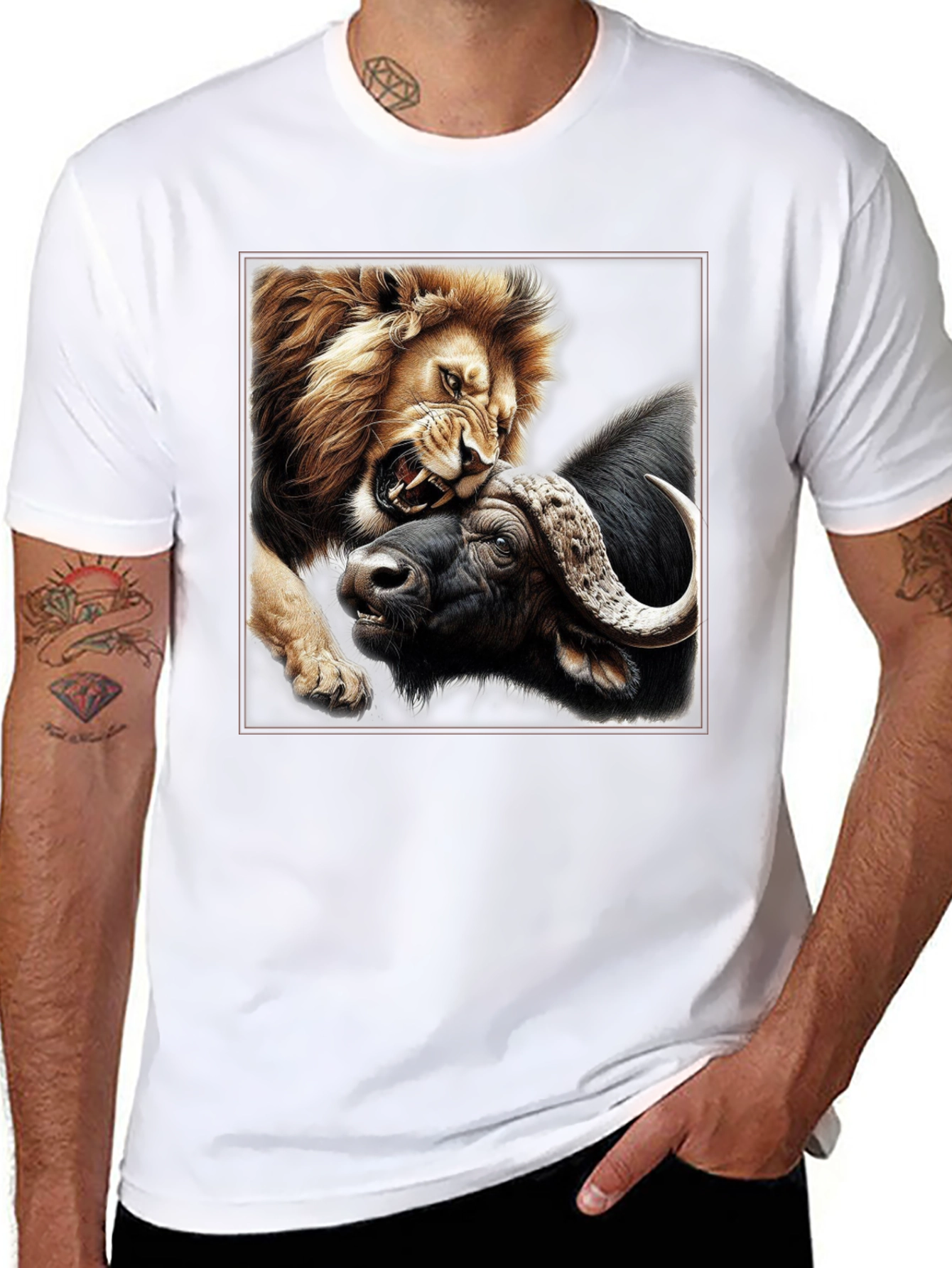 Lion vs Buffalo Graphic Print Black T-Shirt