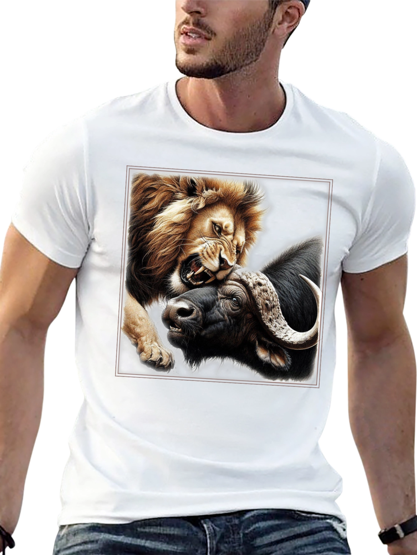 Lion vs Buffalo Graphic Print Black T-Shirt