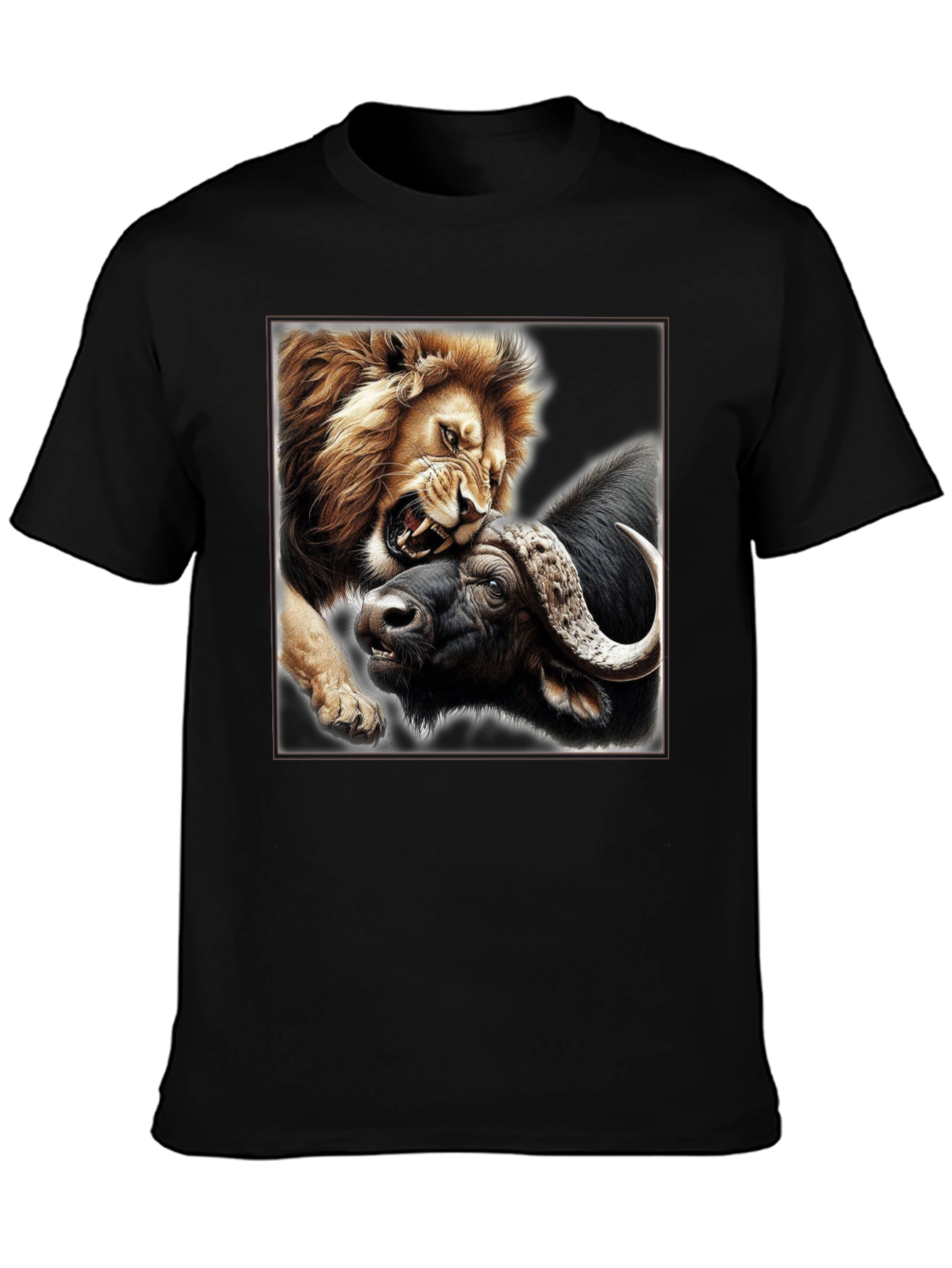 Lion vs Buffalo Graphic Print Black T-Shirt