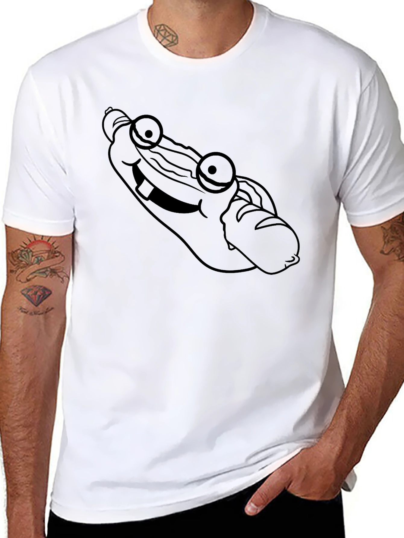 Funny Hot Dog Cartoon Graphic Print Black T-Shirt