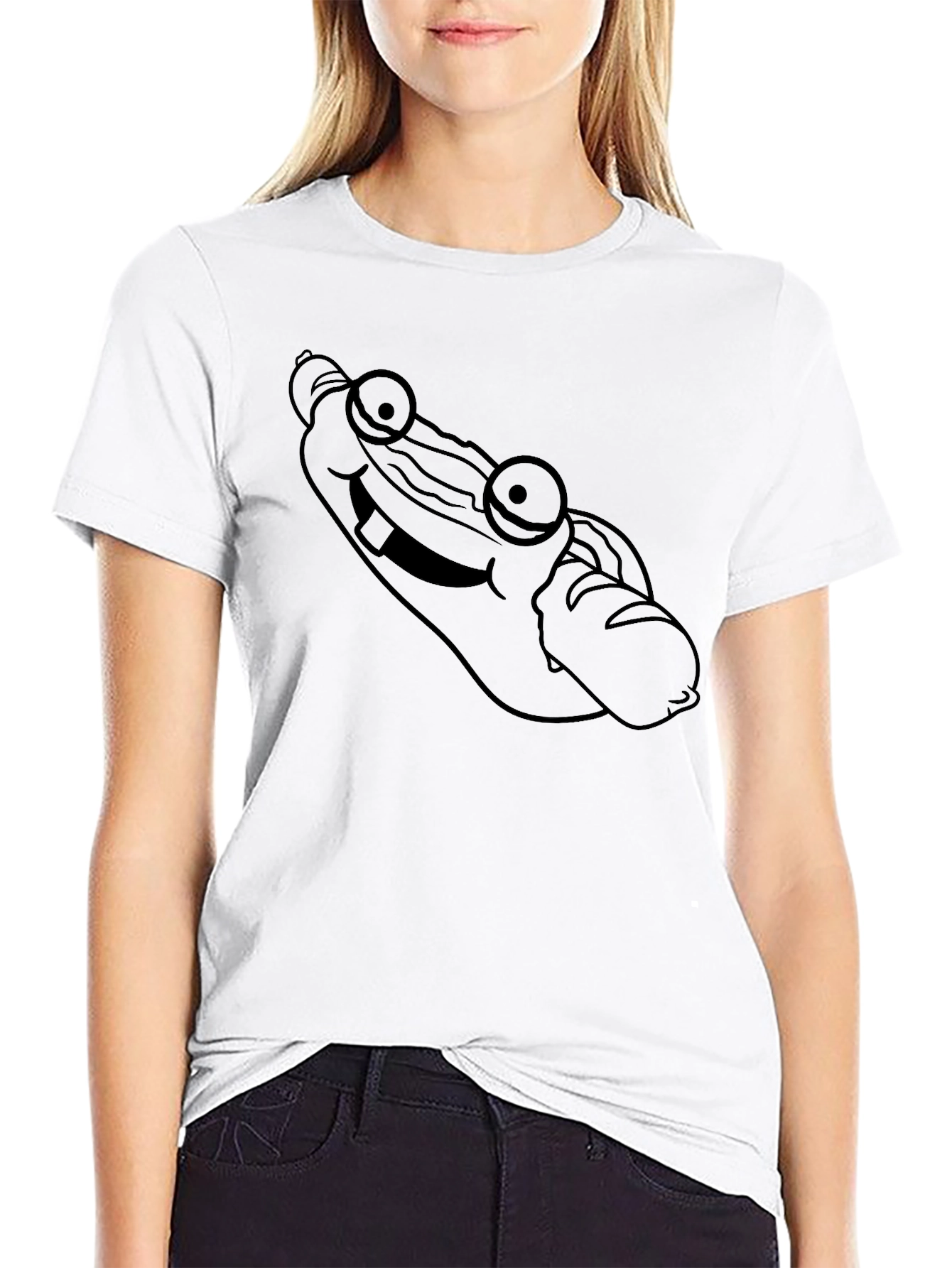 Funny Hot Dog Cartoon Graphic Print Black T-Shirt