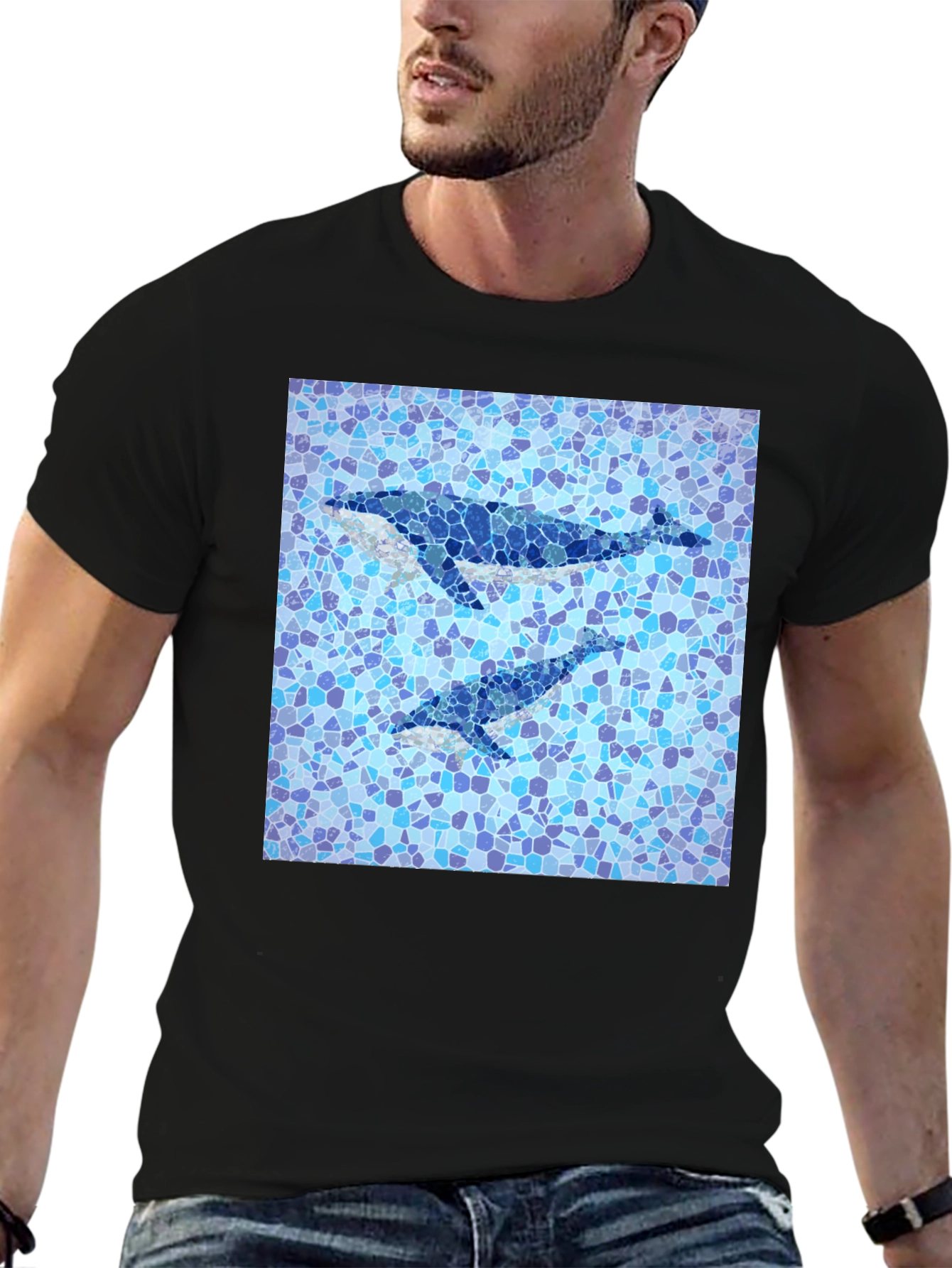 Whale Mosaic Graphic Tee - Stylish Mens Black T-Shirt