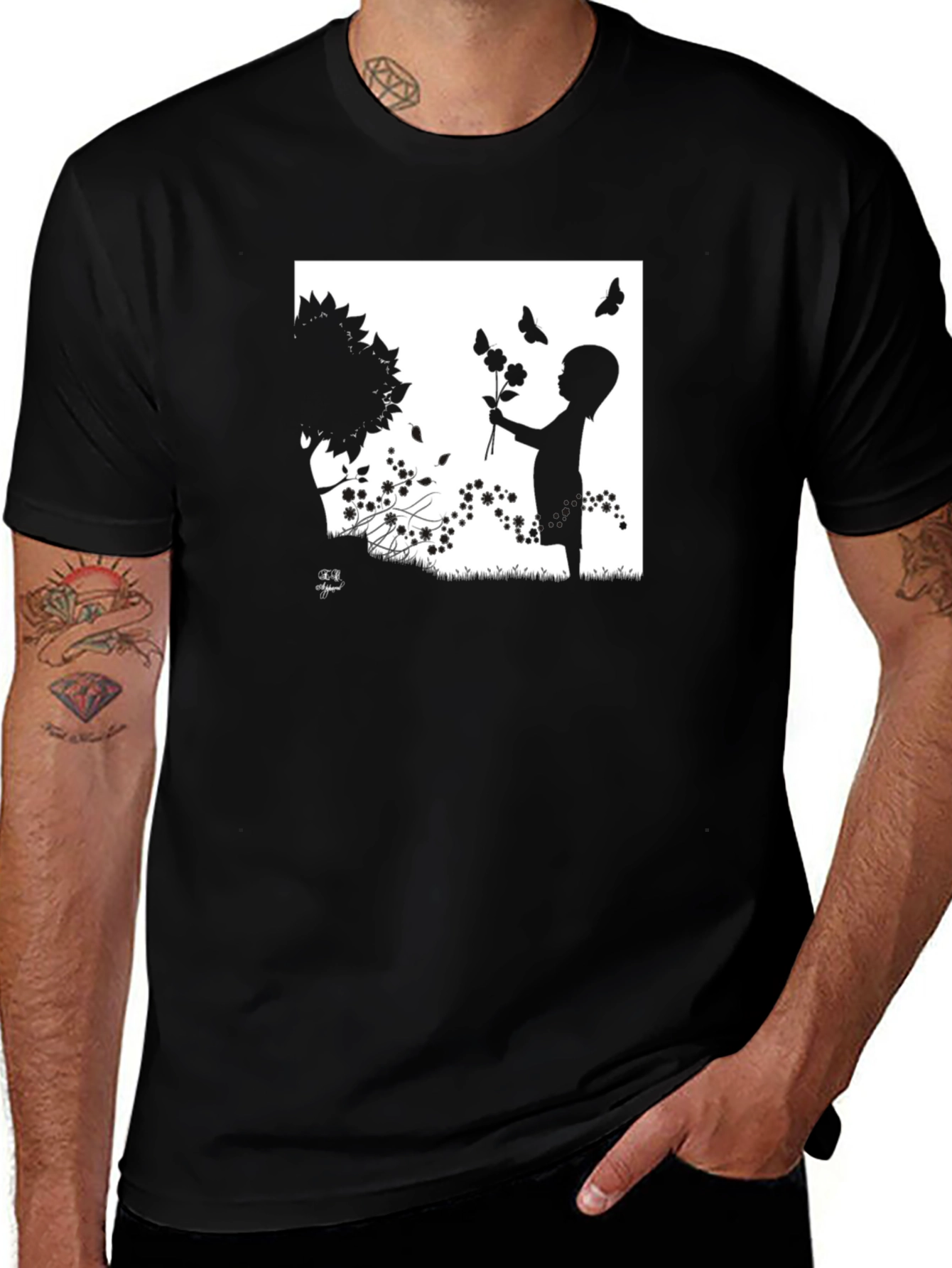 Silhouette Child with Flowers Graphic T-Shirt