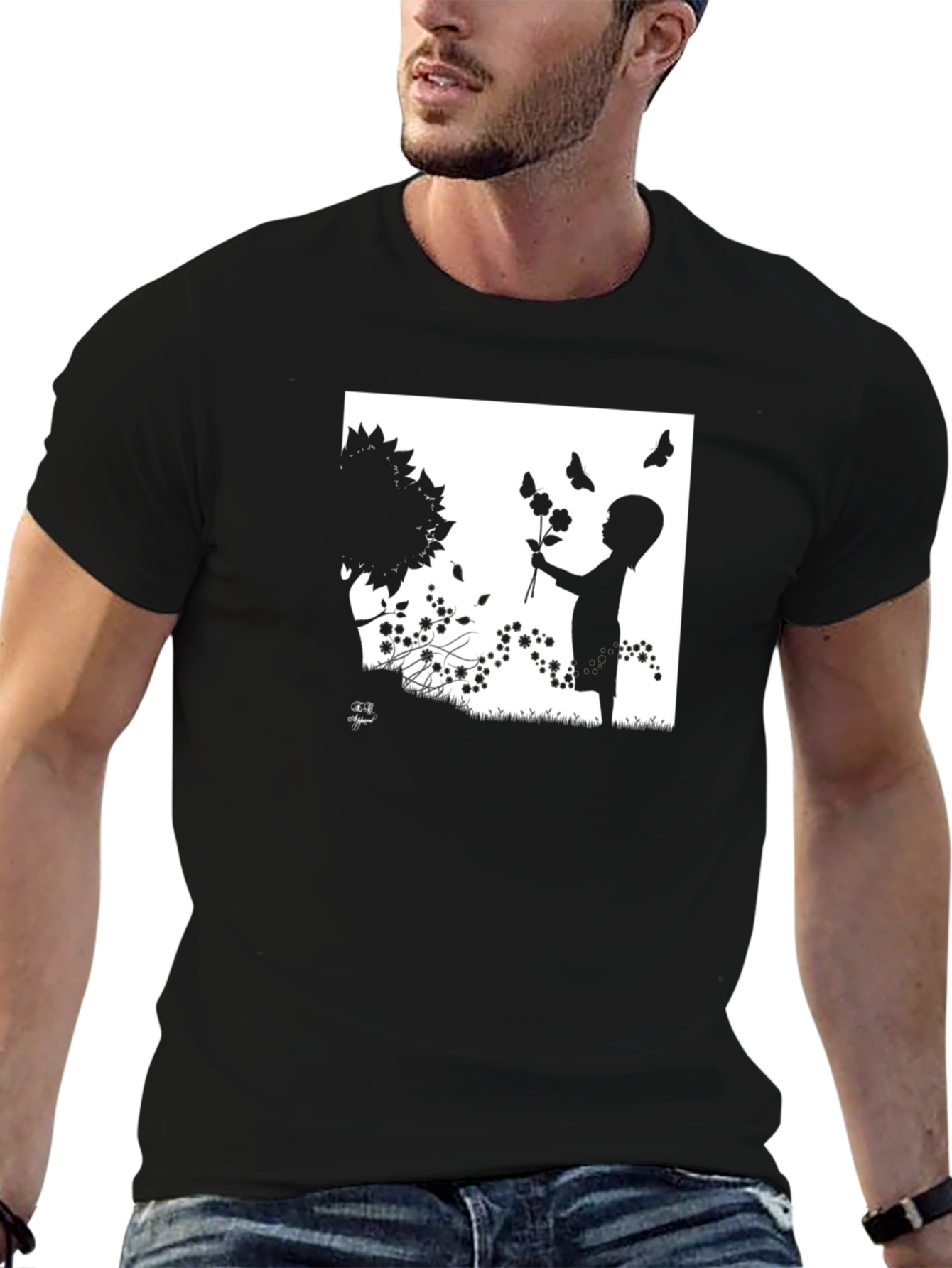 Silhouette Child with Flowers Graphic T-Shirt
