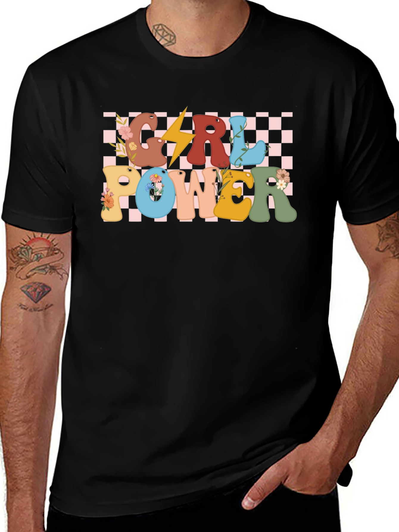 Girl Power Graphic Tee - Retro Checkered Design