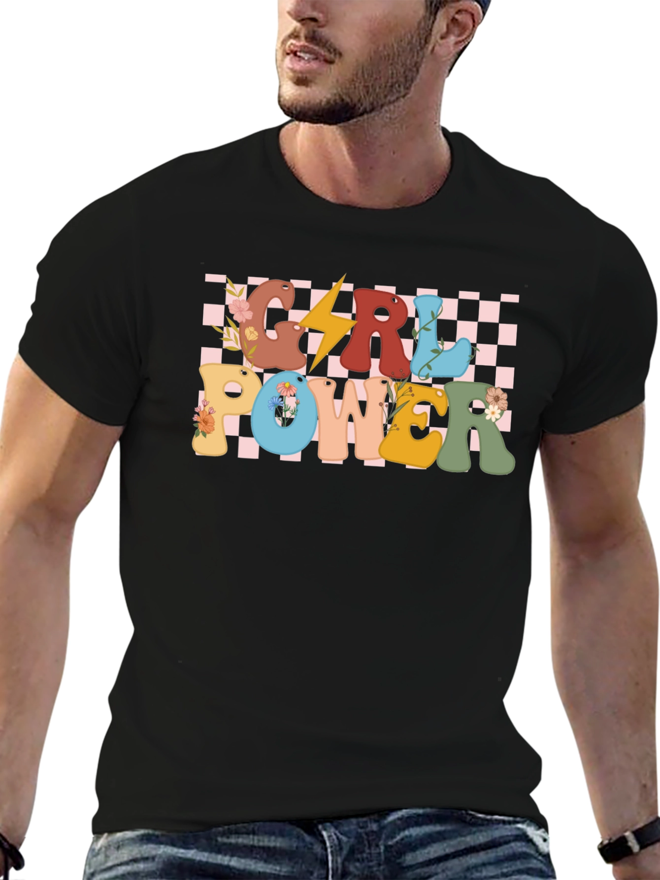 Girl Power Graphic Tee - Retro Checkered Design